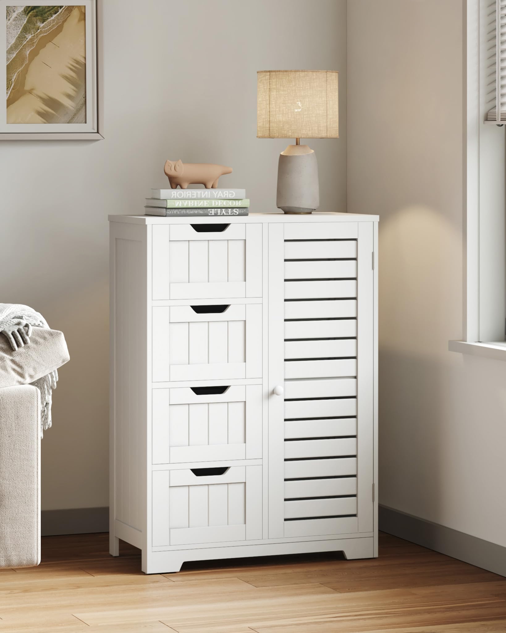 Mondeer Meuble de Salle de Bain, Armoire de Rangement avec 4 Tiroirs et 1 Persienne Porte Etagère Réglable, pour Salle de Bain Cuisine Salon, 56 x 30 x 82 cm, Blanc