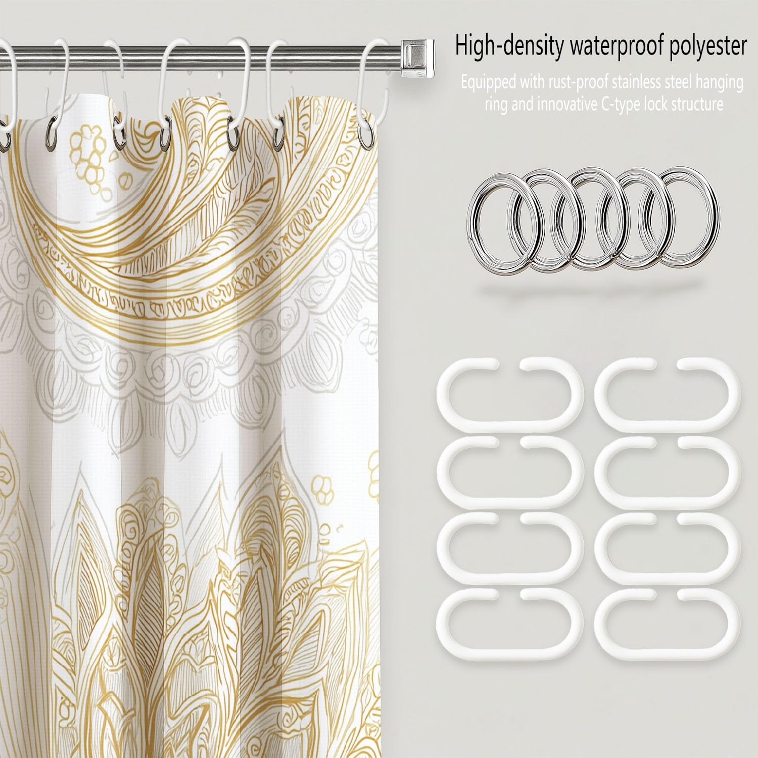 Generico Moderno Tenda Da Doccia Lusso Fantasia paisley Beige Bianco, Tenda Da Doccia Per Bagno, Vasca Da Bagno, Tenda In Poliestere Impermeabile Con Ganci In Plastica, 180 x 200 cm
