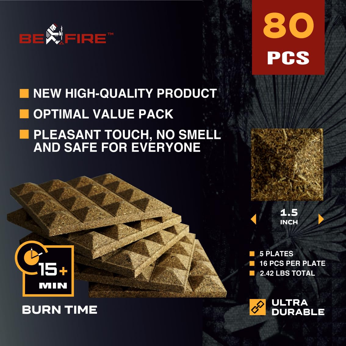 Fire Starter • 80 pcs Natural Fire Starters 15+ Min Burn Time Firestarters for Indoor Fireplace, Campfires & Camping, Wood Stove, Grill • Water Resistant and Long-Lasting