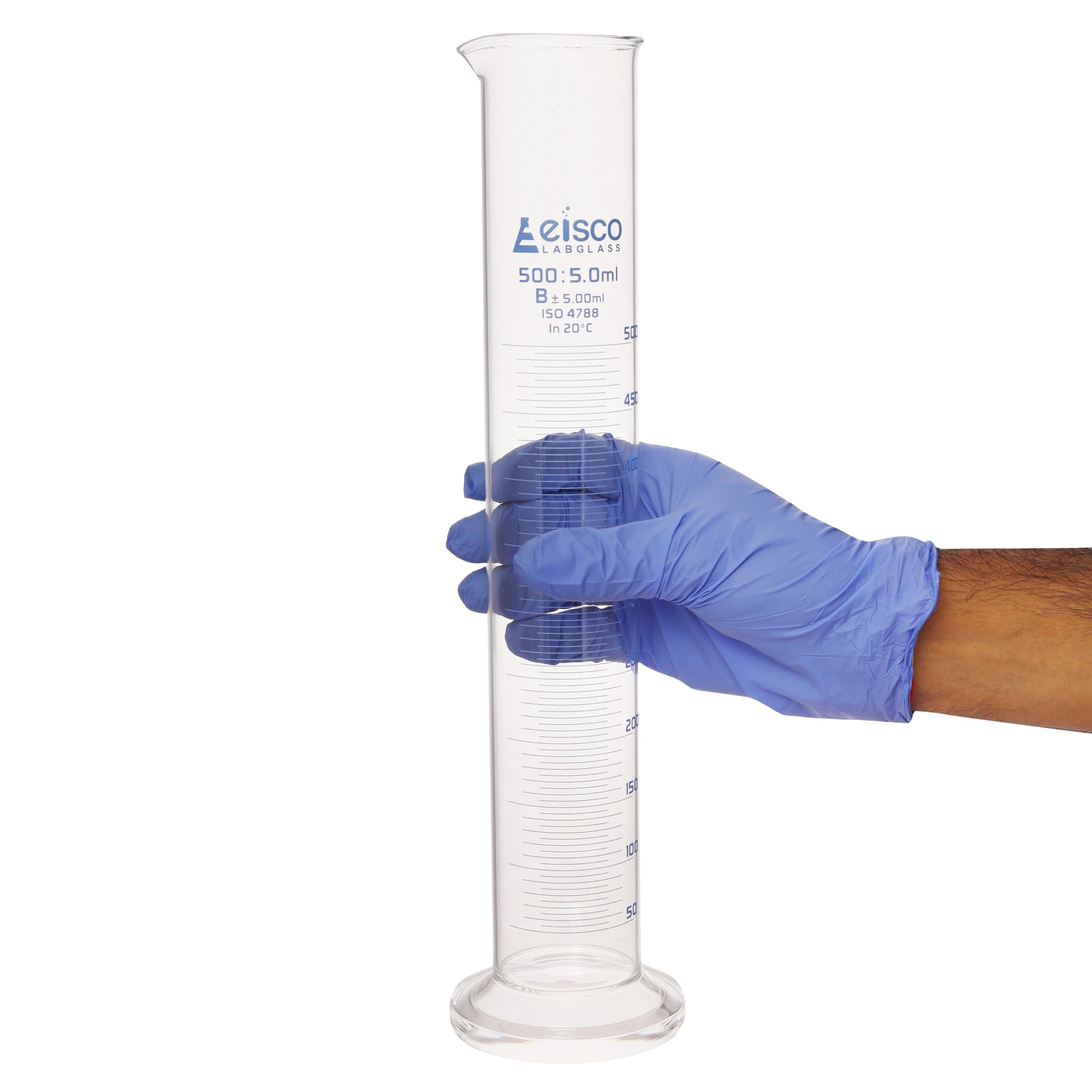 Cilindro di misurazione, 500 ml, classe B, tolleranza: ± 5,0 ml, vetro borosilicato, blu graduazioni - base rotonda - Eisco Labs