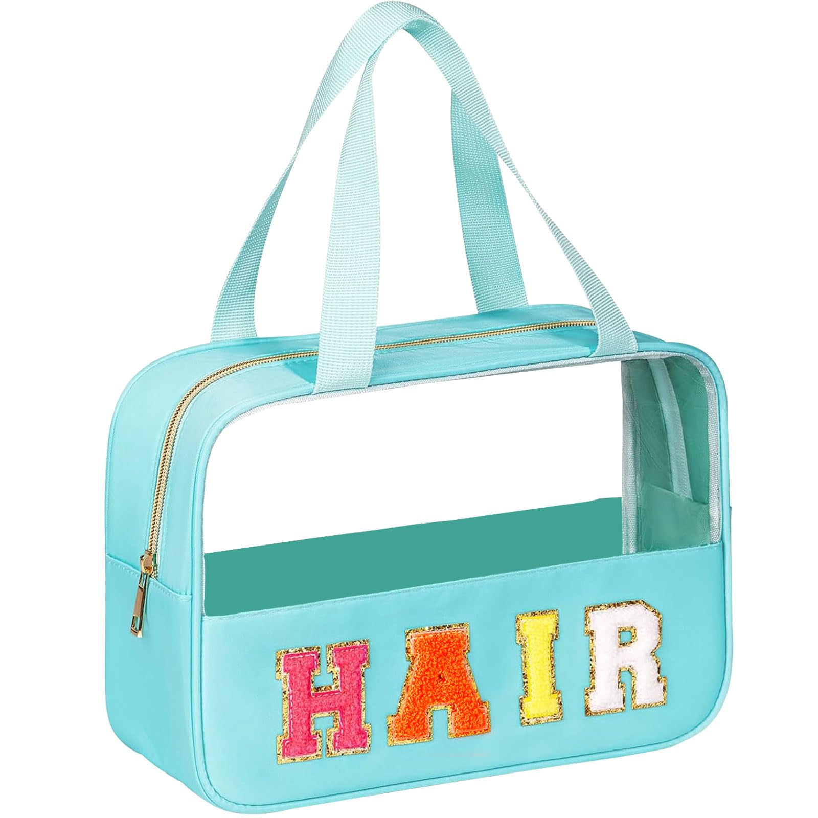 BuyCard Chenille Letter Patch Clear Travel Bags, Preppy PVC&Nylon Makeup Bag with Handle and Zipper, Waterproof Large Clear Travel Toiletry Bag