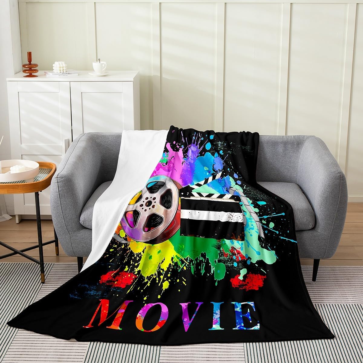 jejeloiu Movie Night Flannel Fleece Blanket Movie Theater Popcorn Plush Throw Blanket, Cinema Poster Design All Season,Bed Blanket for Kids Microfiber Old Fashion Home Decor Room Decor Queen 90"x90"