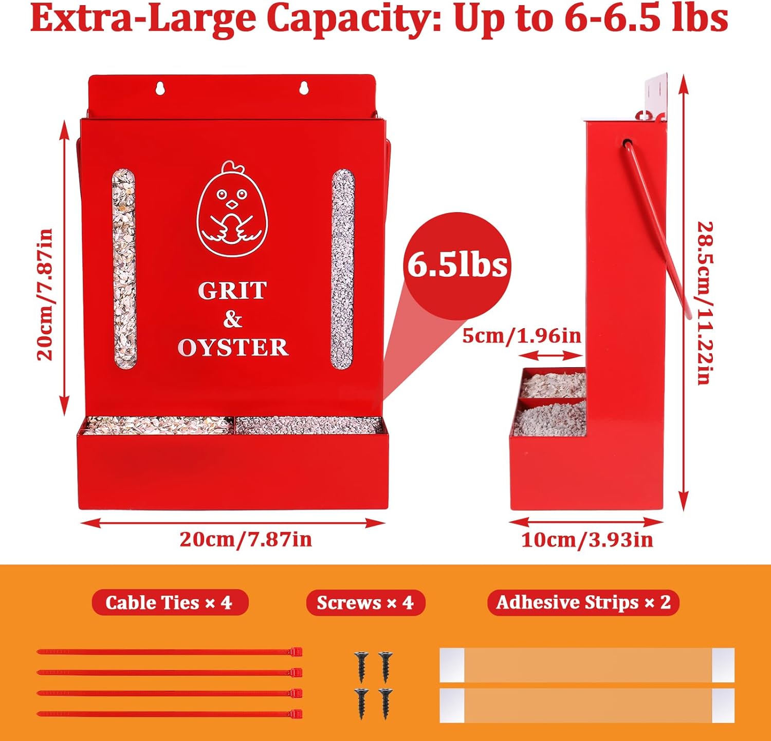Oyster Shell and Grit Feeder Combo, Metal Chicken Feeder with Viewing Window/Lid, Hanging Gravity Chicken Grit Feeder, Coop Accessories for Healthier Hens and Eggs (Red)