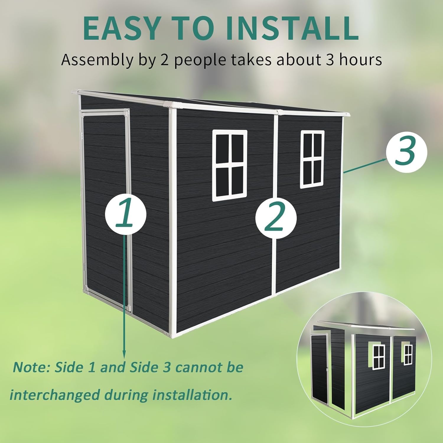 KUIKUI Shed with Floor Included, 8x4ft Storage Sheds, Plastic Lean to Backyard Shed with 2 Windows and Lockable Door, for Garden Tools, Bike, Carbon Black