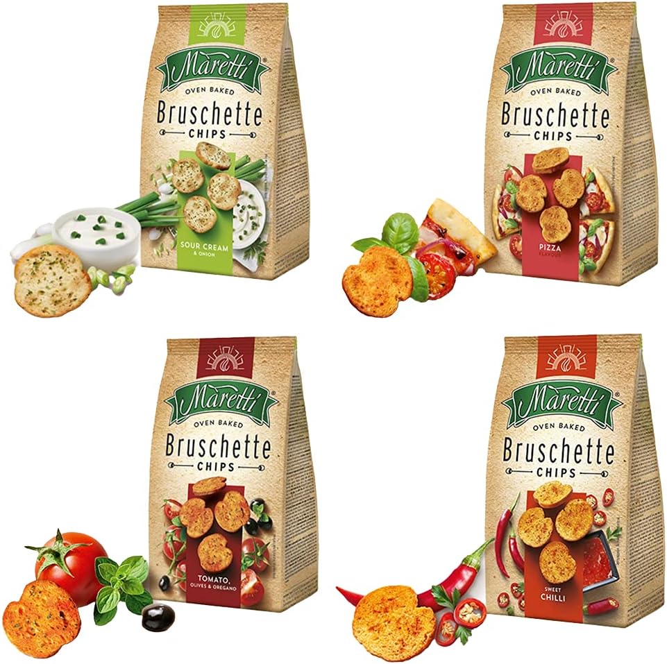 Oven Baked Bruschette Chips Sweet Chili, Pizza Flavour, Sour Cream & Onion, Tomato Olives & Ore Gramsano, 70g Each, Combo of 4