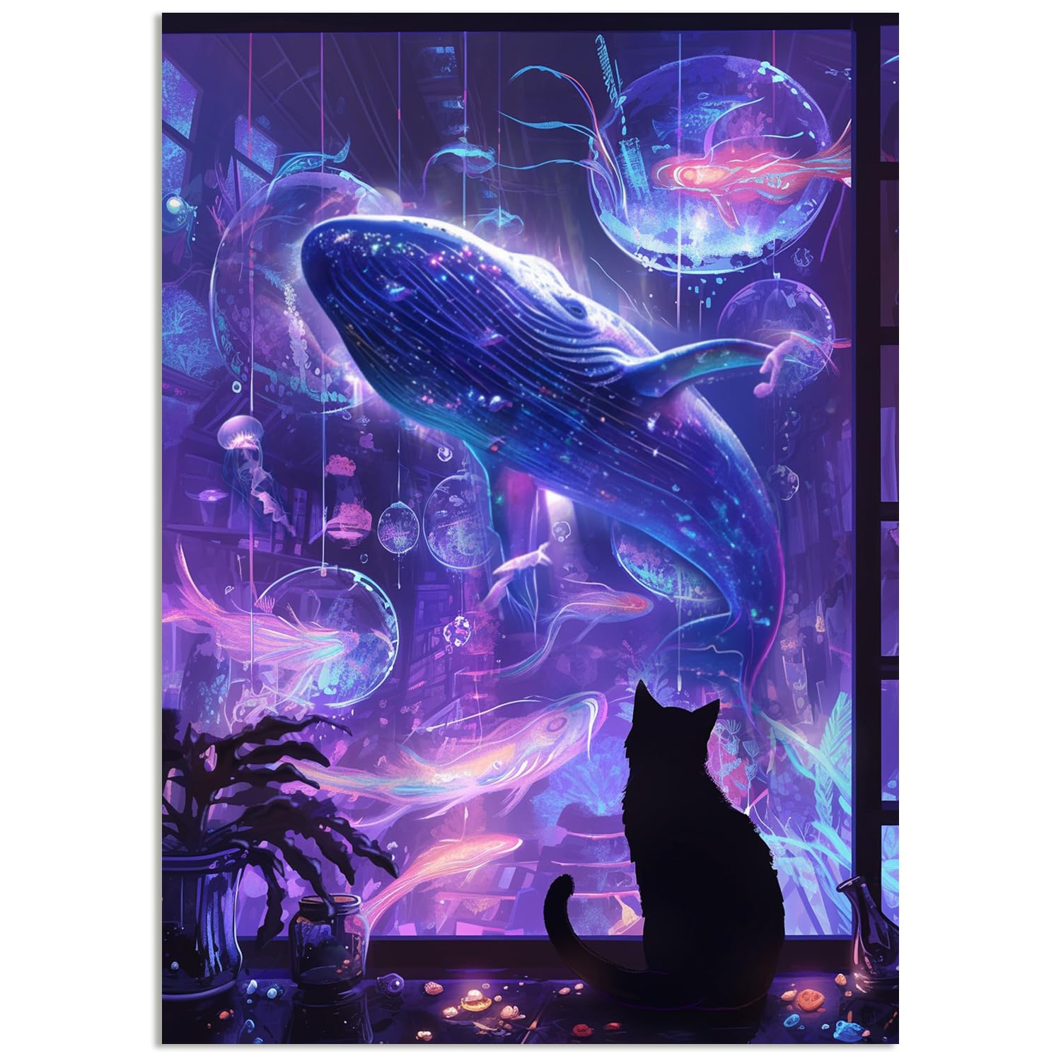 Fokenzary Paint by Numbers Kit for Adults DIY Coloring Kit Whale and Black Cat Canvas for Beginners Includes Brush and Acrylic Paints Frameless(40x50cm)