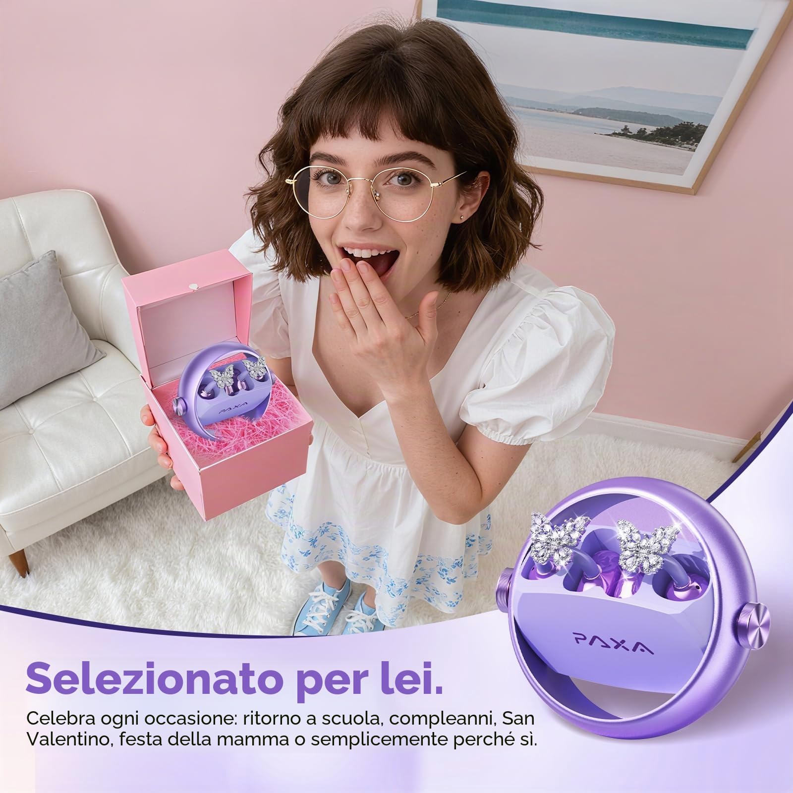 PAXA 3 in 1 Cuffie Open Ear Clip-on con Orecchini Farfalla Diamanti Rimovibile– Auricolari Bluetooth 6.0, Audio HiFi, 140H, Elegante Design Aperto, Ideali per Lo port e Tempo Libero, Ctbuds Viola
