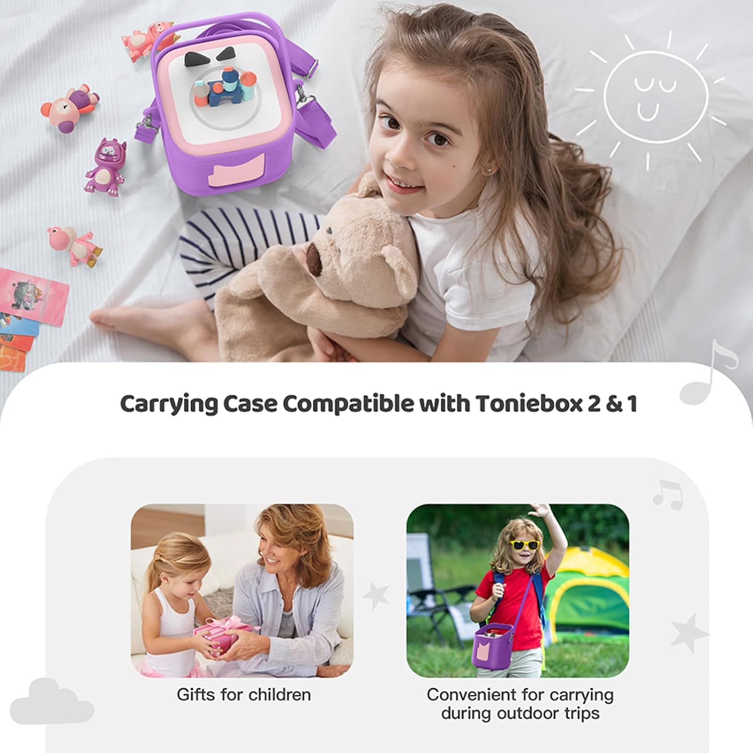 Silicone Case for Toniebox 2 Audio Player, Shockproof Anti-Slip Protective Cover for Toniebox 2nd Audio Player, Soft Cover Shell Sleeve with Handle & Shoulder Strap (Purple)