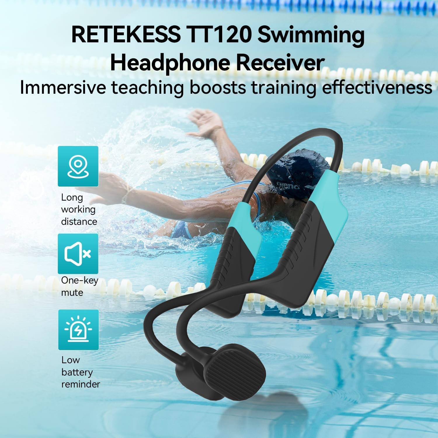Retekess TT120 Récepteur de Casque de Natation, Casque à Conduction Osseuse pour La Natation, IP68 étanche, 120 M, Système de Communication sous-Marine pour Le Coaching en Temps Réel