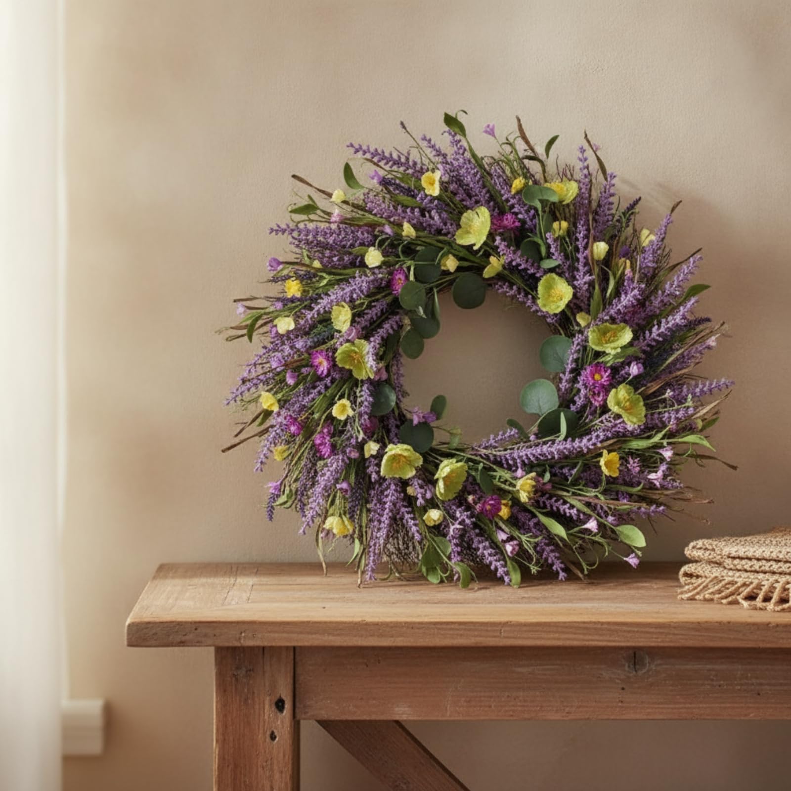 Ghirlanda di Lavanda Artificiale Corona Floreale Ghirlanda Corona Decorativa con Foglie E Gialli Struttura Rotonda Aspetto Primaverile Adatta per Porta di Casa Pareti Interne