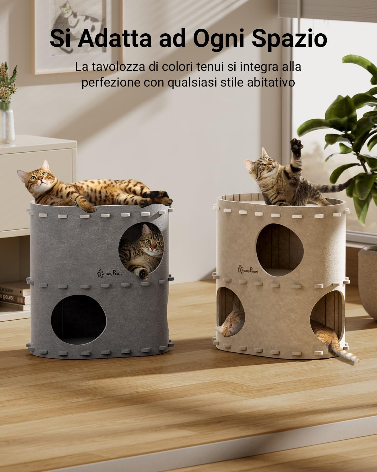 DownyPaws Cuccia per Gatti in Pelliccia, Letto a 2 Piani Casetta per Gatti 50x33x50 cm, Castello per Giocare, Design Accogliente, Protezione per le Unghie, Beige