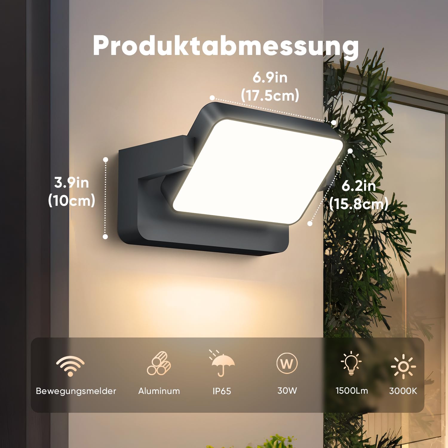 vatato 30W Außenwandleuchte mit Bewegungsmelder, LED Wandleuchte Innen Außen Wandlampe mit Schwenkbar Panel, Wasserdicht IP65 aussenlampe wand, Warmweiß außenleuchte 3000K (Dunkelgrau 1 Stück)