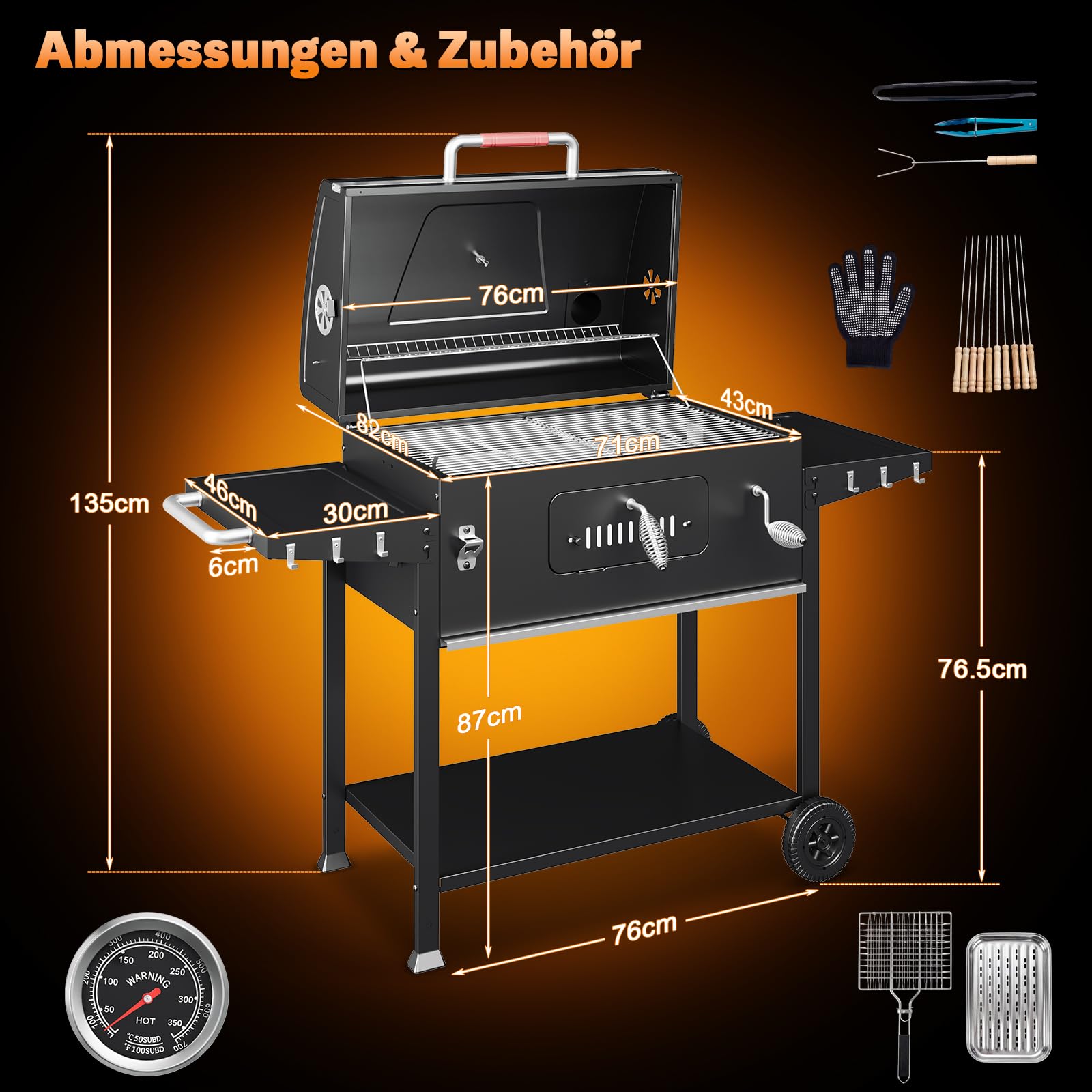 DEVOKO Parrilla de carbón XXL, barbacoas de carbón con tapa, barbacoa grande para balcón, jardín, exterior, barbacoa con parrilla de 71 × 43 cm/termómetro/pinzas para pescado/bandeja para barbacoa
