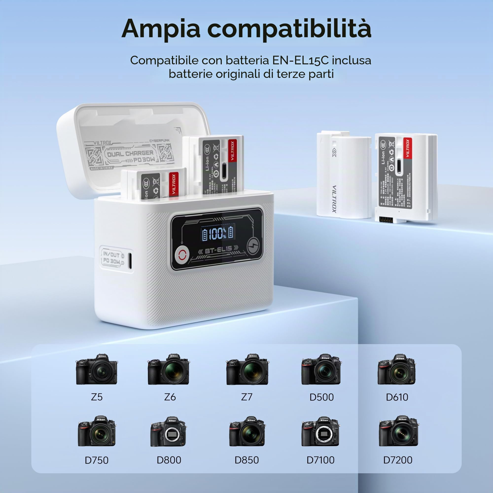 VILTROX Caricatore rapido EN-EL15 con display LED integrato da 5500 mAh per Nikon EN-EL15A EN-EL15B EN-EL15C D7200 D7100 D7000 D500 Z7II Z7 Z5 D610 D800 Z8 D7500 Z6II D7 D7 50 Z6 1