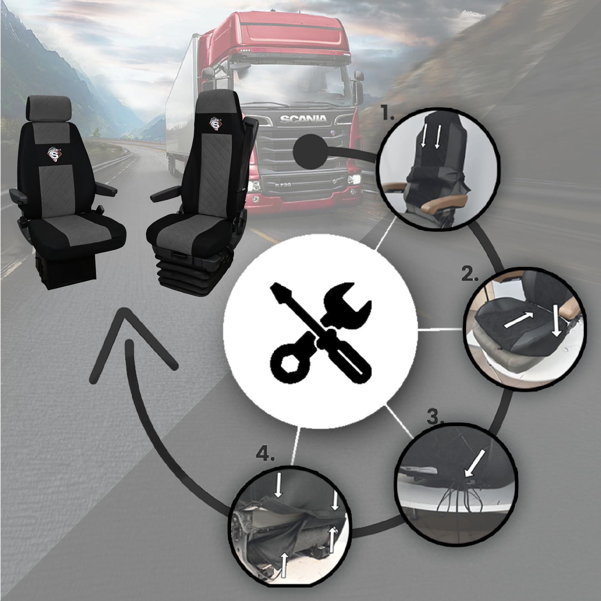 SABA Coprisedile per SCANIA Serie R dal 2004, 1+1, sedili vari, 1 cintura di sicurezza, sedile conducente BASE - CONFIGURAZIONE A Grigio Accessori di Protezione per Sedili di Camion