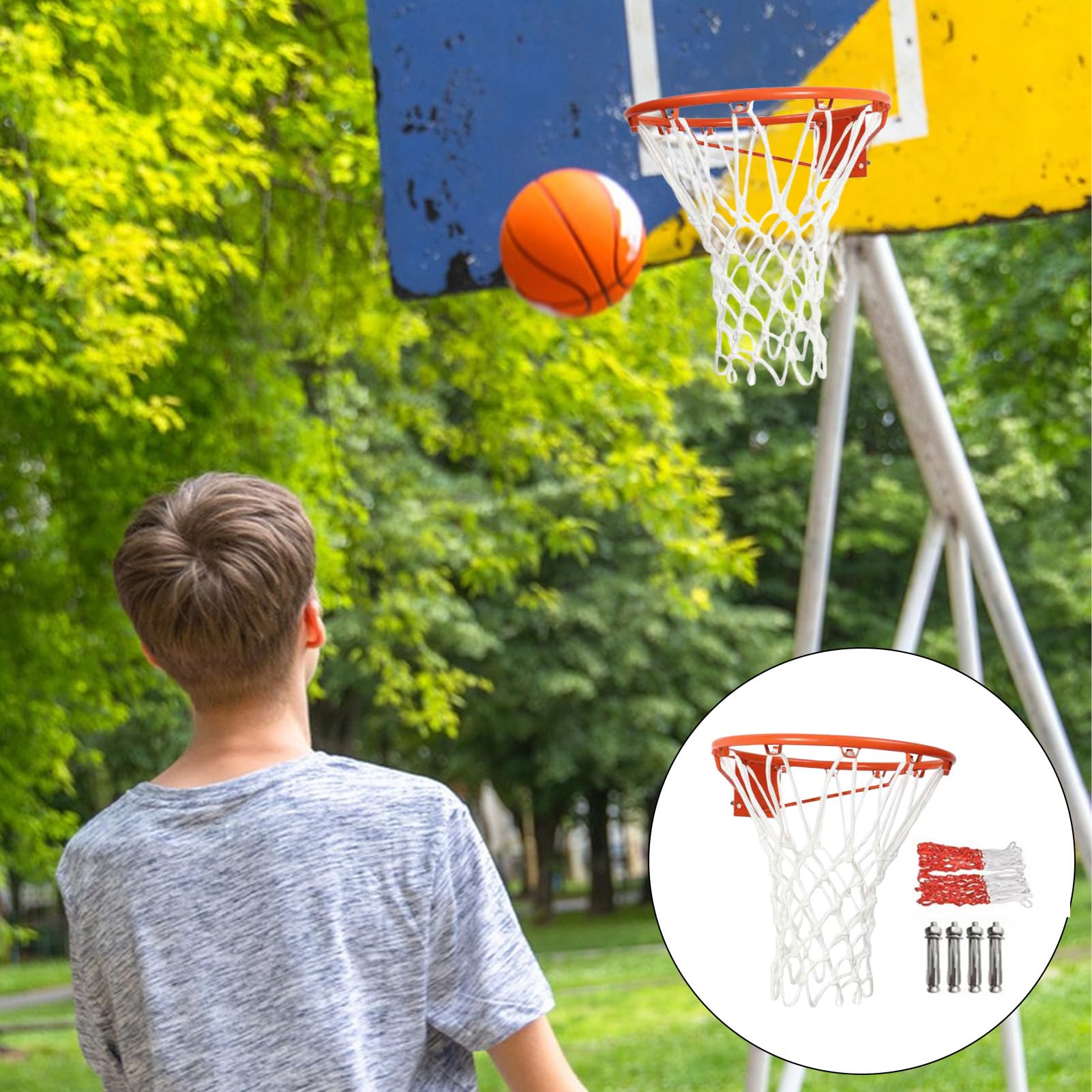 Anillo de canasta de baloncesto, anillo de canasta de baloncesto, para exterior, red de baloncesto y fijaciones de pared, con red de baloncesto, para interior y exterior, para colgar, 45 cm, para