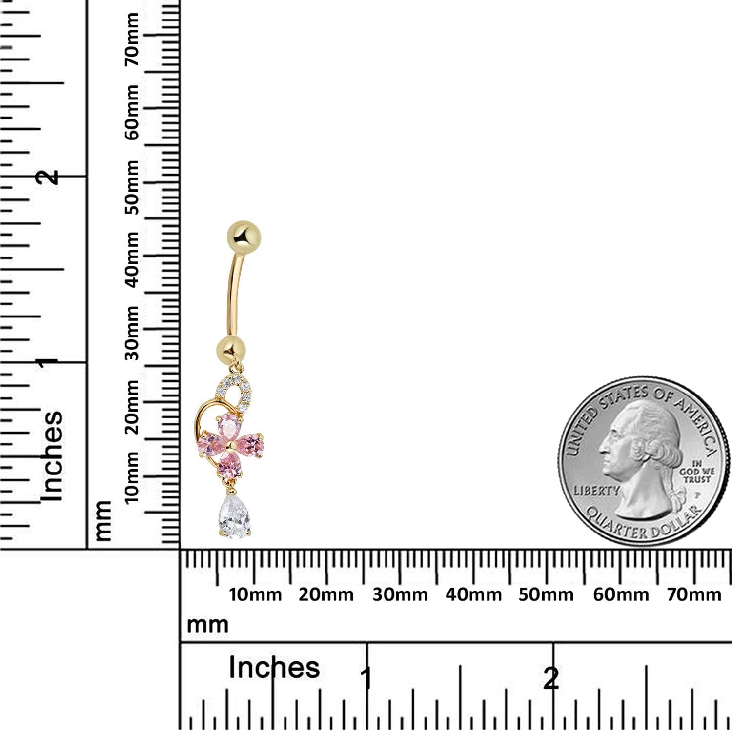 AVORA 10K Gold Simulated Diamond CZ Dangling Pink Flower Belly Button Ring Body Jewelry (14 Gauge)