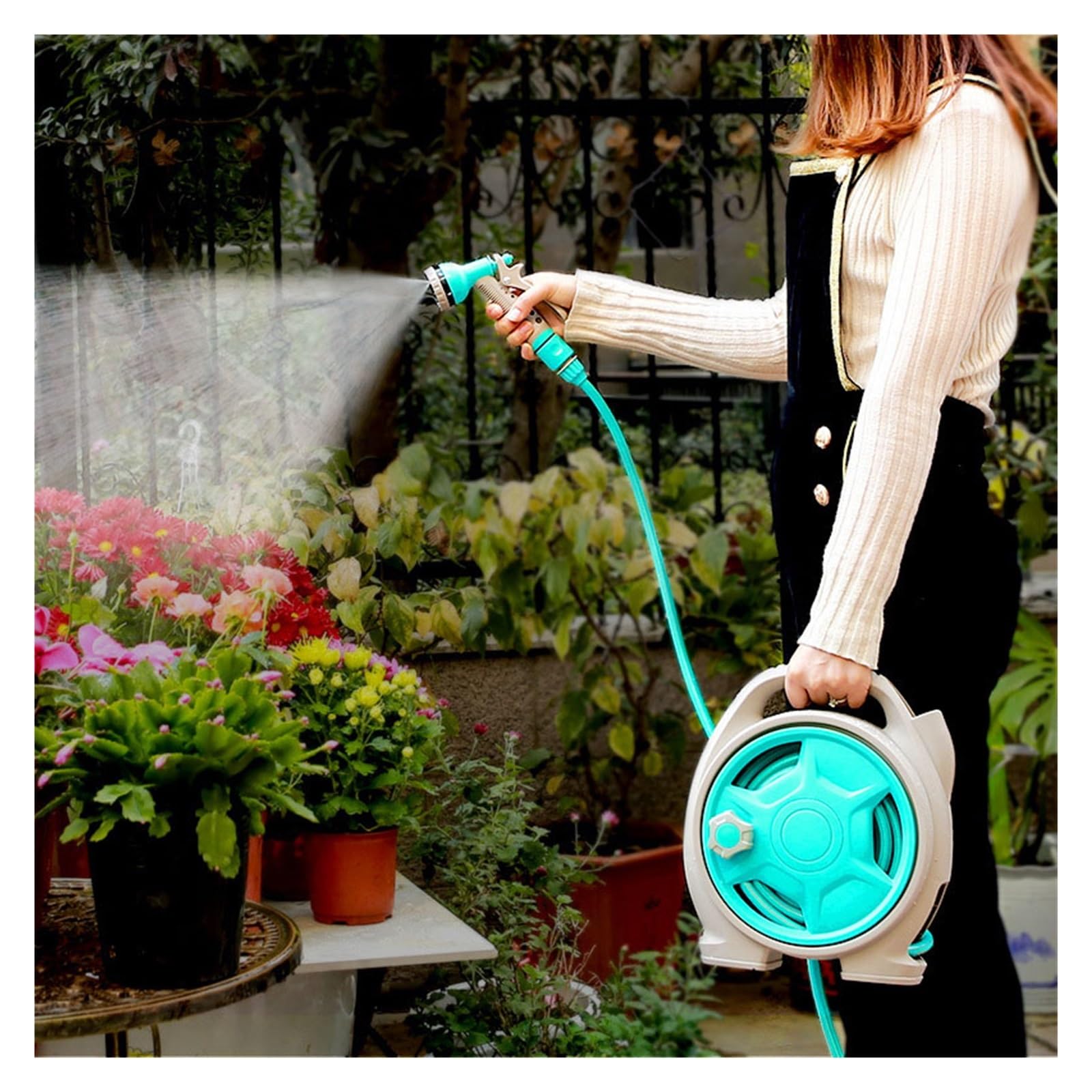 Pistola pulverizadora con manguera Boquilla, Carro de carrete for manguera jardín con rociador agua, kit almacenamiento y lavado autos, multicolor(Red)