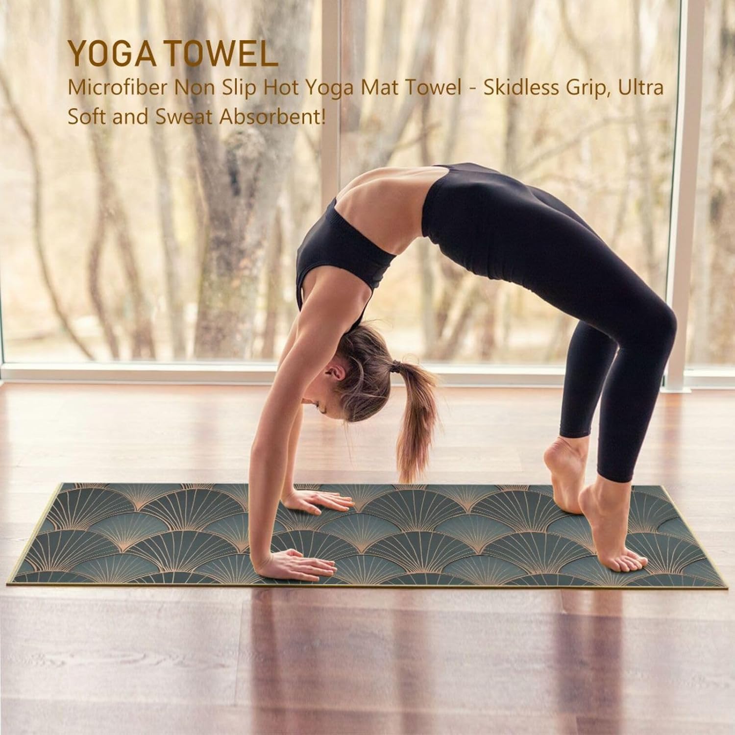 Wave Gold Texture Yoga Mat Towel with Silicone Grip Dot – 73"x27" Non-Slip Sweat Absorbent Microfiber Yoga Towel for Home Gym Studio