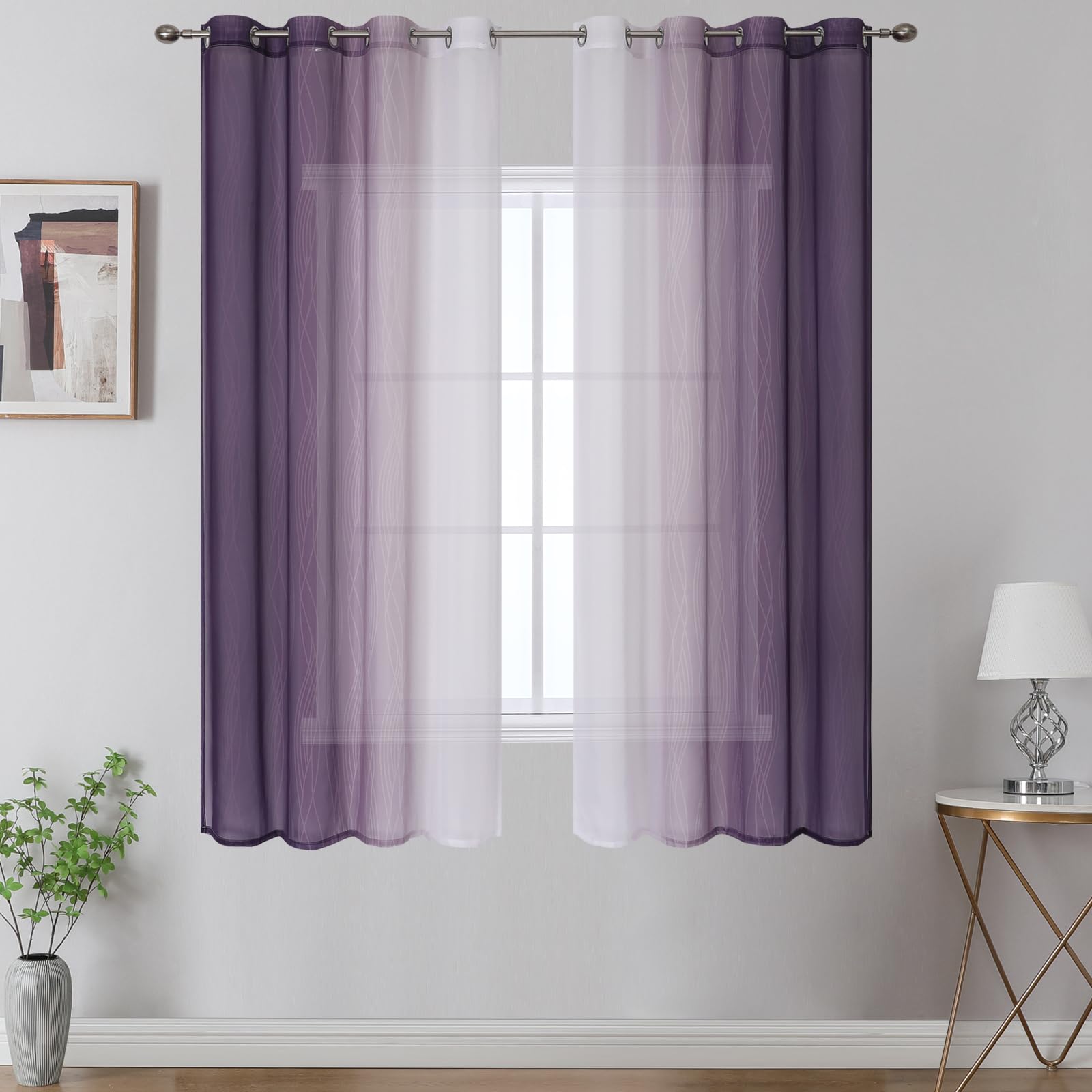 VEHEDE Gradient Sheer Curtains Window Bedroom Curtains 63 inches Drop, Light Filtering & Eyelet Ombre Drapes Panels for Living Room, Purple and Greyish White, W52 x L63 Inch 2 Panels