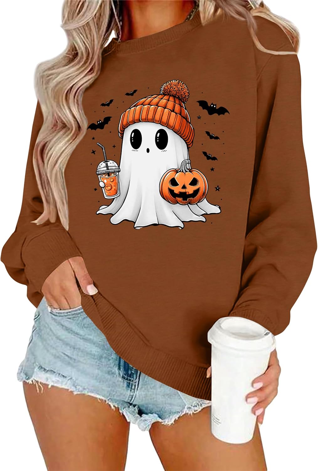 Halloween Sweatshirt Women Ghost Pumpkin Long Sleeve Shirt Halloween Spooky Shirts Fall Pumpkin Tops Crewneck Pullover Brown