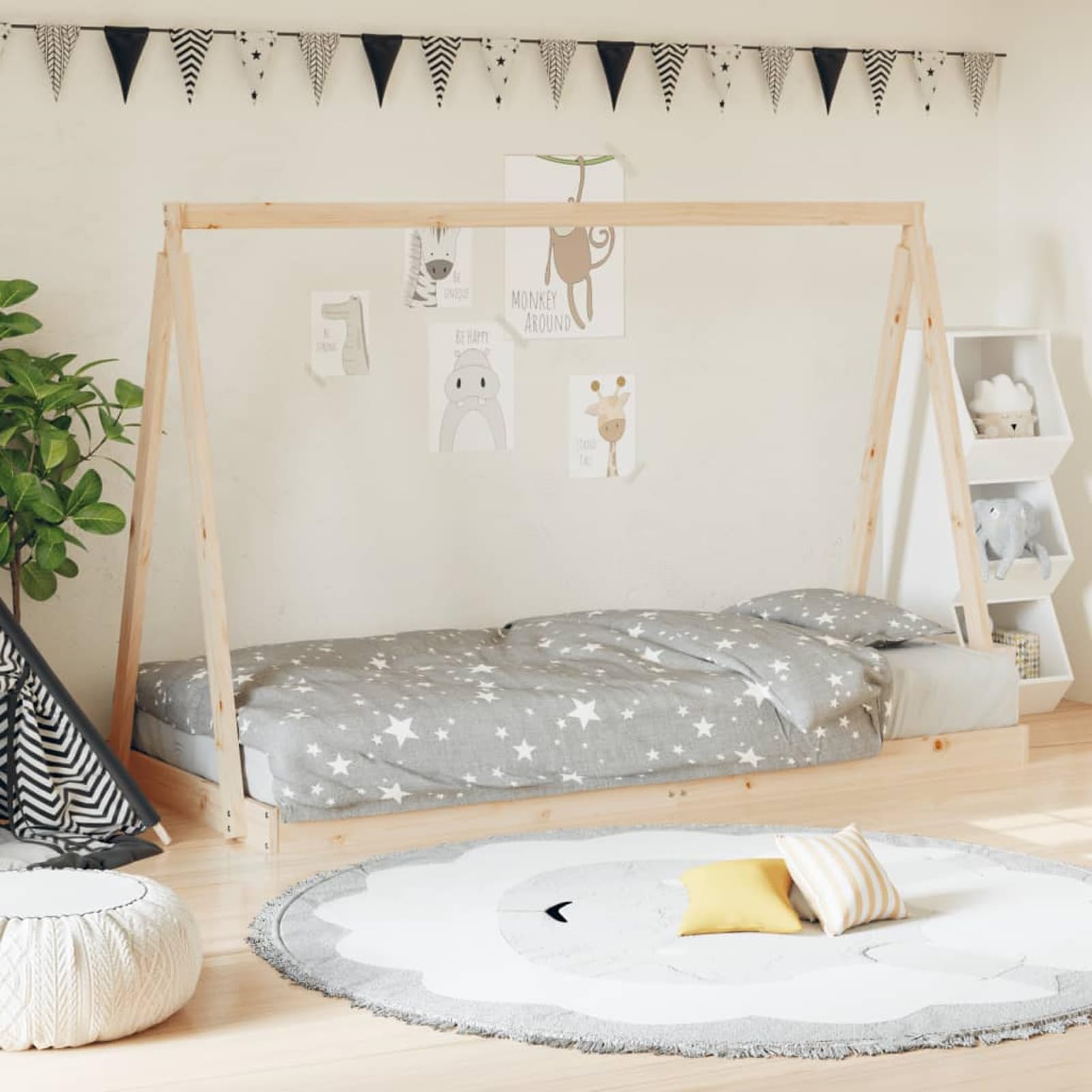 Homgoday Holz-Kinderbettgestell mit Tipi-Design | Massives Kiefernholz | 90x200cm Matratze | Für Kinder ab 4 Jahren 834537