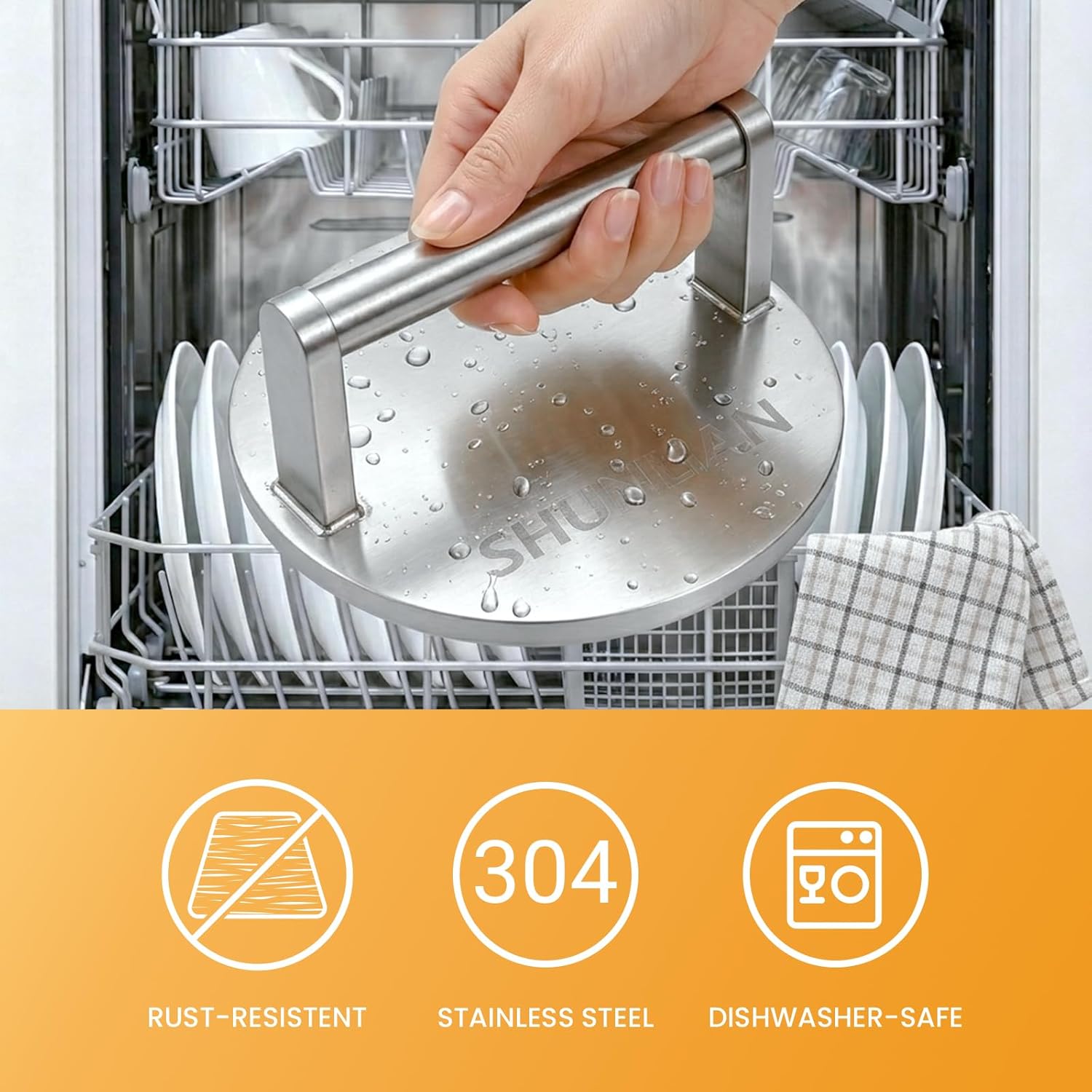 Smash Burger Press, 6 Inch Heavy Duty Burger Smasher Tool, 3.1lb Non-Stick Smooth Stainless Steel Grill Press for Flat Top Griddle, BBQ & Kitchen Use, Ground Beef, Meats, Bacon, Steak