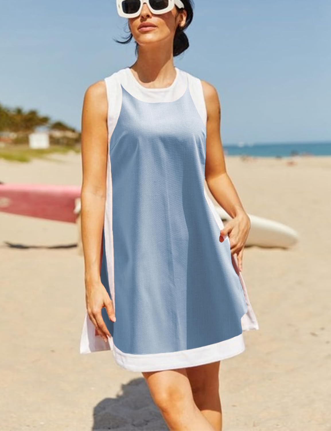 EsheSy Women's Two Piece Outfits Sleeveless Top Matching Shorts Color Block Summer Set with Pockets - Image 2