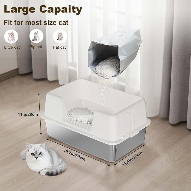 Foto 2 de 7 de GarveeMore Litiere para Gatos de Acero Inoxidable, XXL Bandeja para Gatos semicerrada, Caja de litera