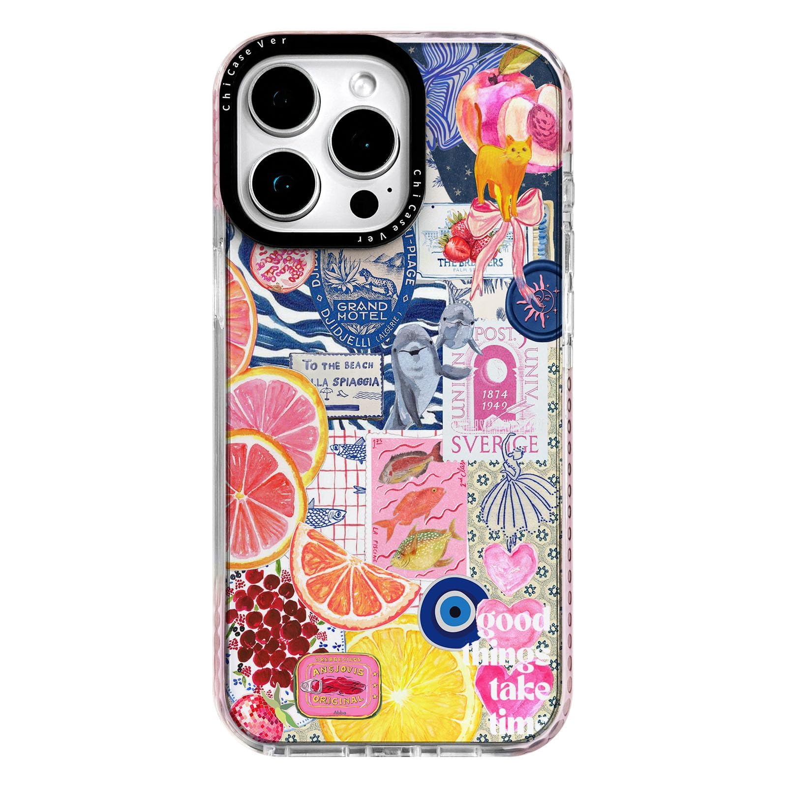 ChiCaseVer for iPhone 16 Pro Max Case,Expressive Y2K Citrus Coastal Sea Vintage Collage Design Blue Trendy Pattern Aesthetic style，Military-Grade Drop