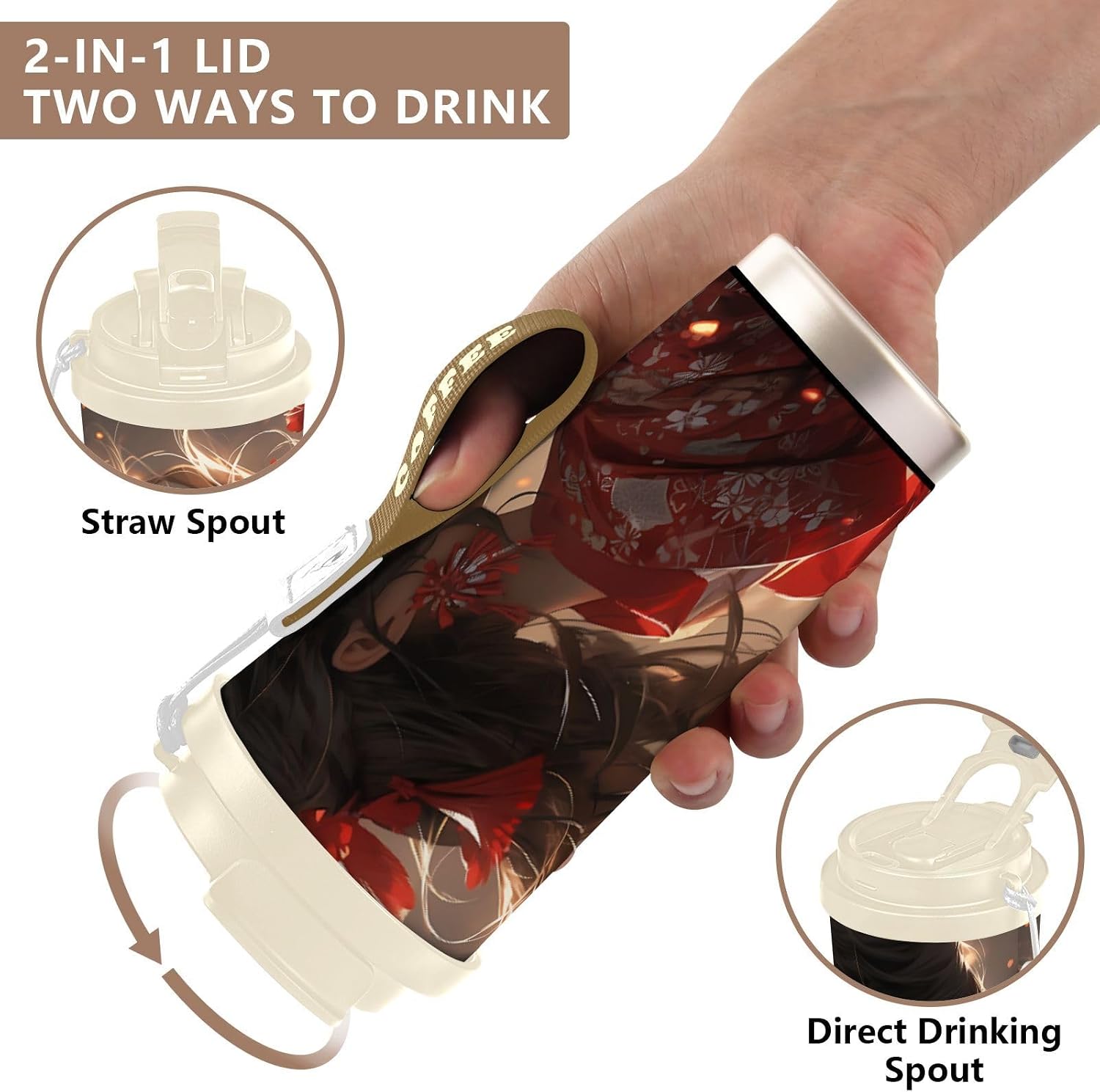 Samurai Anime Woman Insulated Coffee Mug with Straw & Flip Lid, 16.9oz Iced Tumbler Cup, Double Wall Vacuum Mug for Travel Office