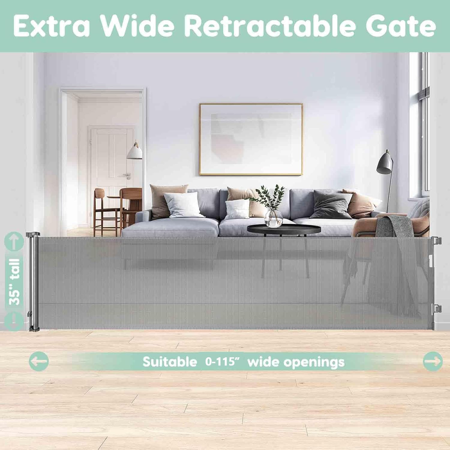 115 Inch Retractable Pet Gate for Dogs Indoor Scratch-Resistant Extra Wide Baby Gate Retractable Baby Gates for Doorways One-Hand Operation 9.5ft Extra Wide Puppy Gates for The House Long, Gray