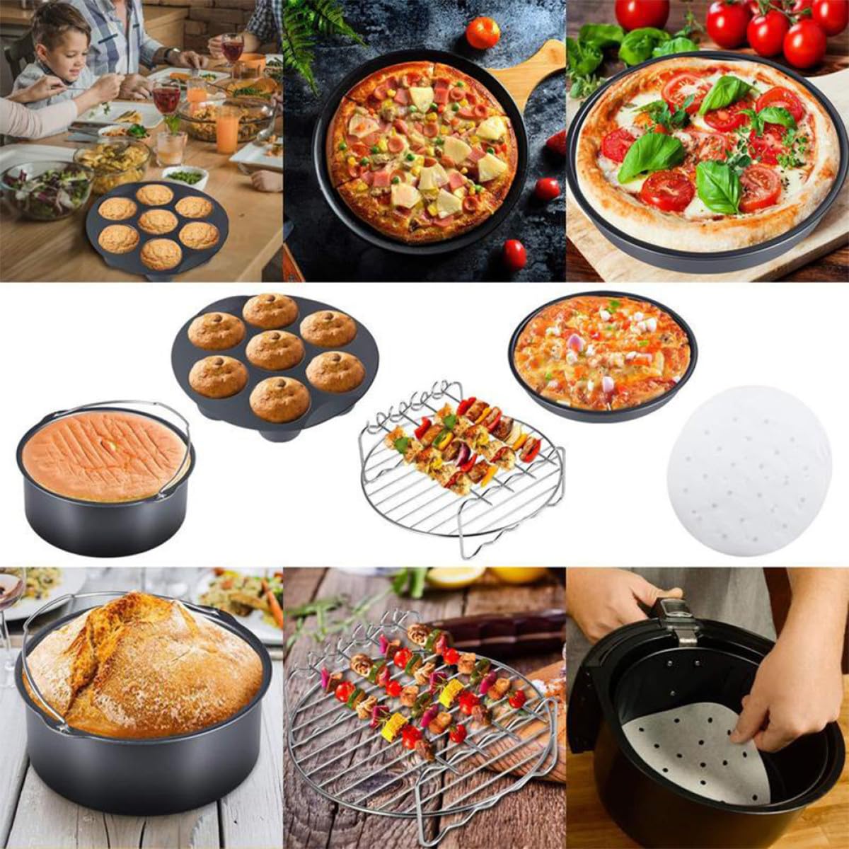 Angoily 5 Stück Zubehör für Heißluftfritteuse aus Edelstahl Einfach zu Reinigen und Bedienen Inklusive Backkorb Grillrost und Pizzapfanne für Vielseitiges Kochen