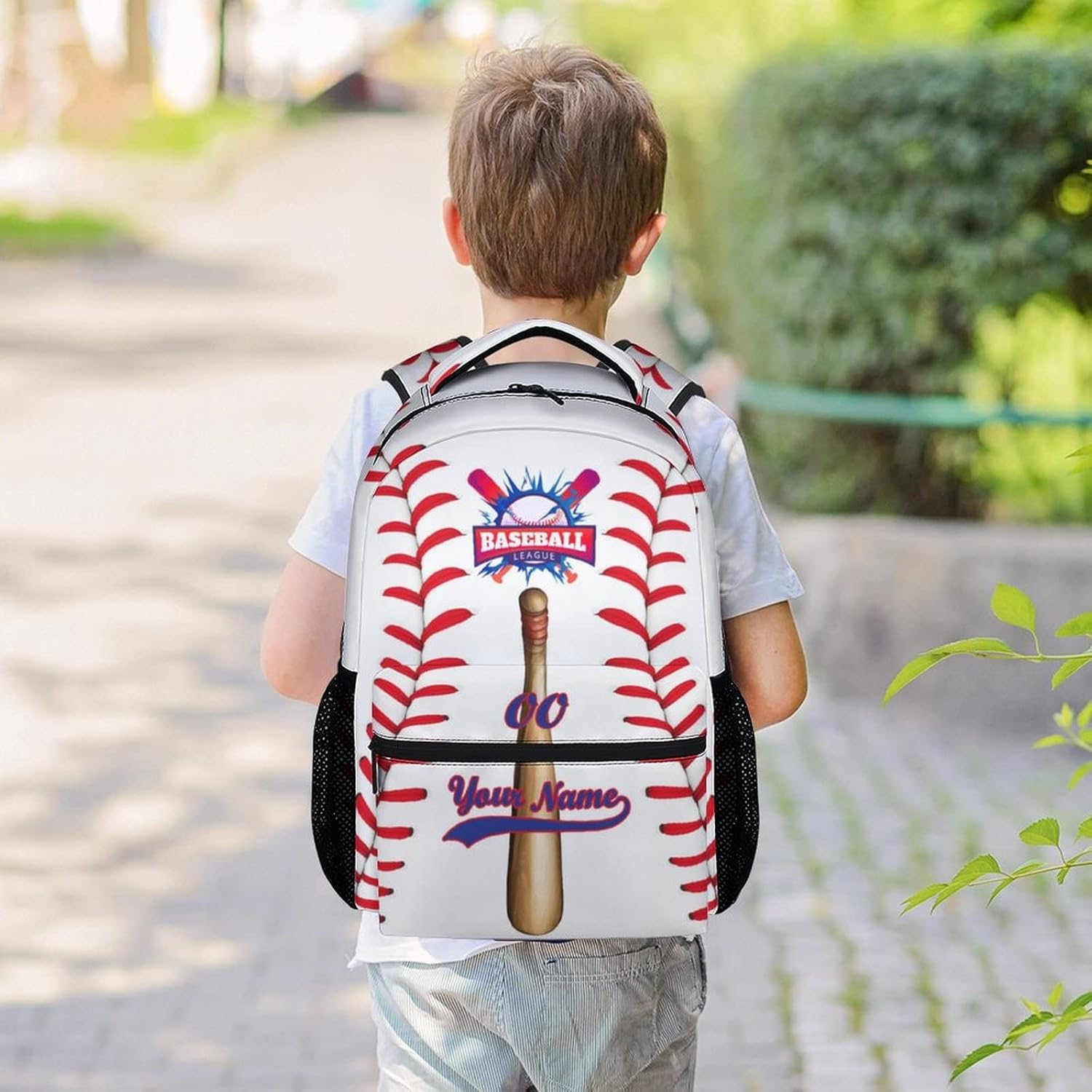 Personalized Baseball School Backpack for Boys, 16 Inch White Backpacks for Kids Age 10-12, Cool Lightweight Bookbag for Travel