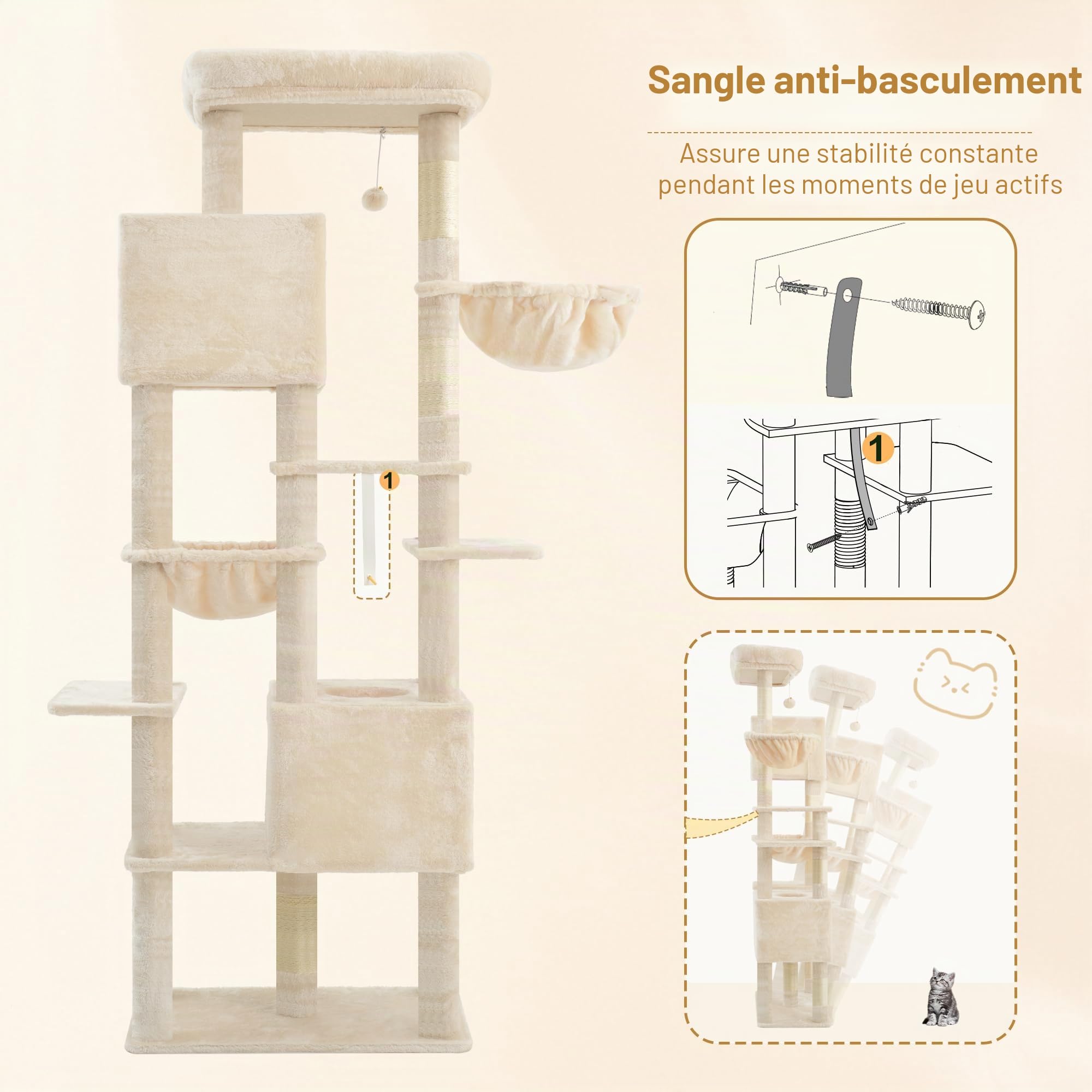 Heybly Arbre à Chat XXL 193cm, Base Extra Large, Tour Lourde avec 10 Poteaux en Sisal et 2 Hamacs pour Chats, 2 Niches Design, Mobilier et Couchage pour Chats Géants, Beige HCT039M