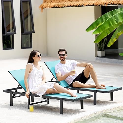 Miniatura 2 de Tumbona de aluminio para exteriores, silla de salón de patio con reclinable ajustable de 5 posiciones y silla de bronceado plana completa para