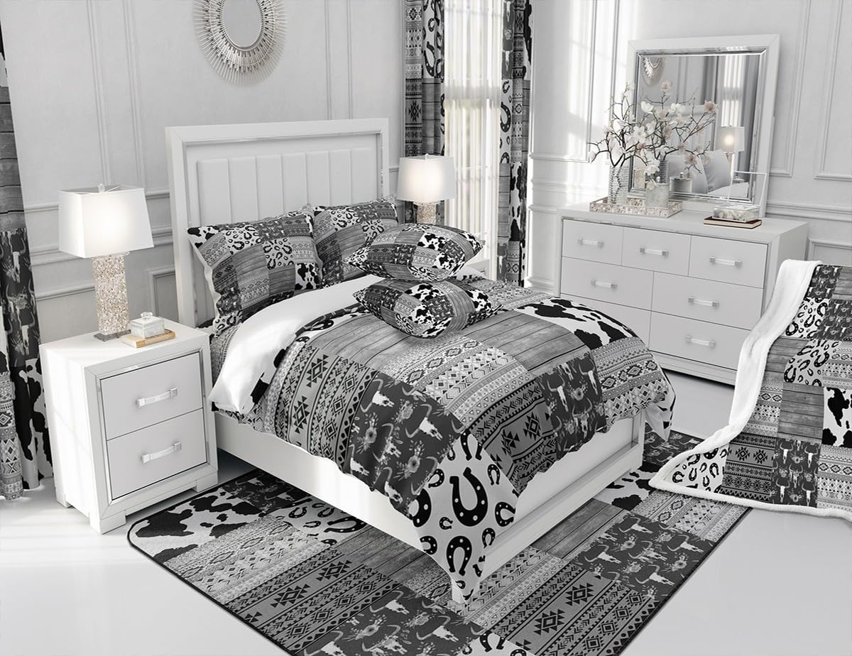 Cowboy Patchwork Bedding Set Queen Size,Western Horseshoes Farmhouse Plaid Duvet Cover Set for Children Adult,Milk Cow Print Wooden Boho Aztec Soft Comforter Cover for Dorm Room, Zipper, Ties