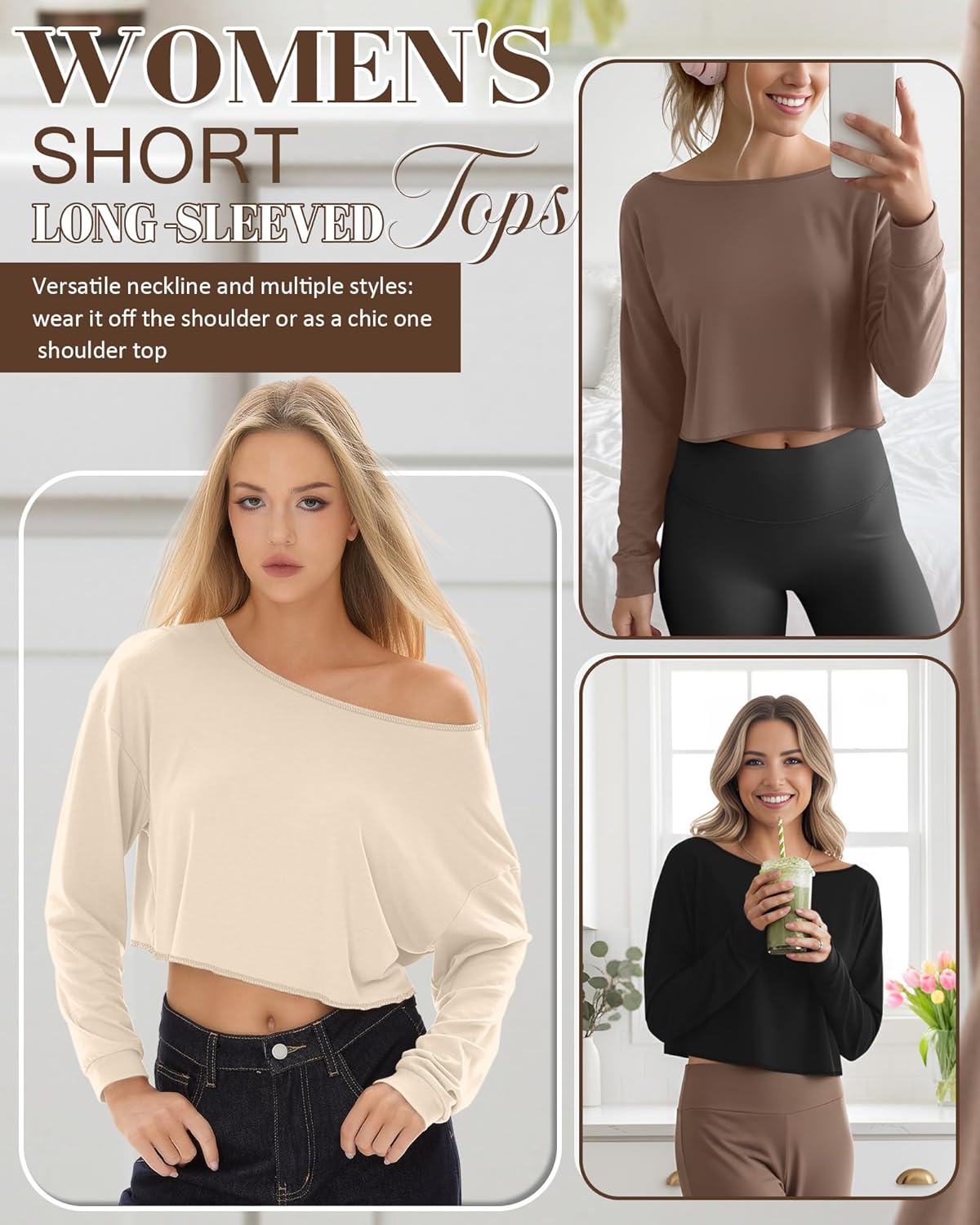 3 Pack Women's Cropped Long Sleeve Tops Boat Neck Loose Fit T-Shirts Oversized Drop Shoulder Casual Basic Tees(Black, Coffee, Apricot,Medium) - Image 3
