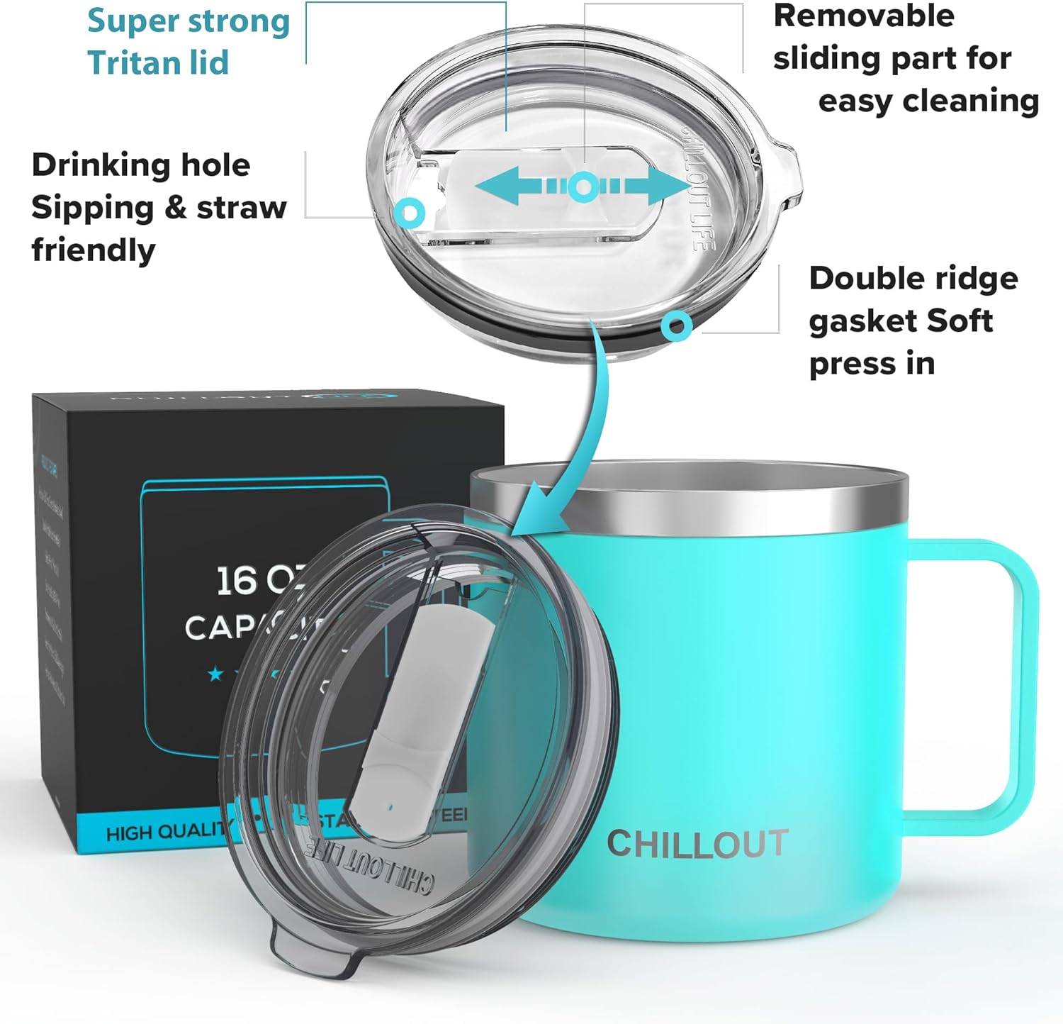 CHILLOUT LIFE Stainless Steel 16 oz Vacuum Insulated Coffee Mug with Handle and Lid, Large Thermal Camping Coffee Mug Cup with Durable Sliding Lid for Men & Women, Keeps your Beverages Hot/Cold - Image 6