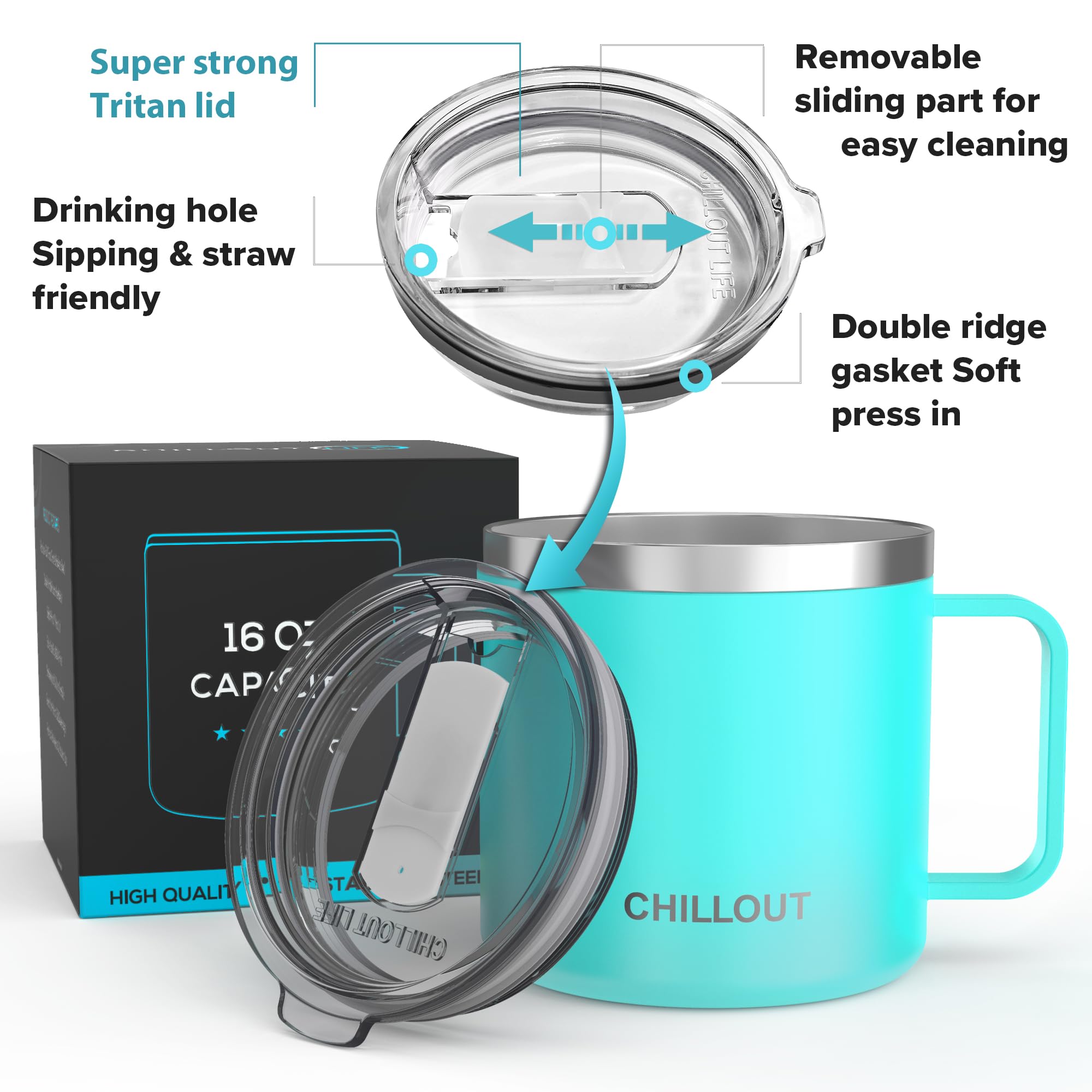 CHILLOUT LIFE Taza de café de acero inoxidable de 473 ml aislada al vacío con asa y tapa, taza de café térmica grande con tapa deslizante duradera para hombres y mujeres, mantiene tus bebidas