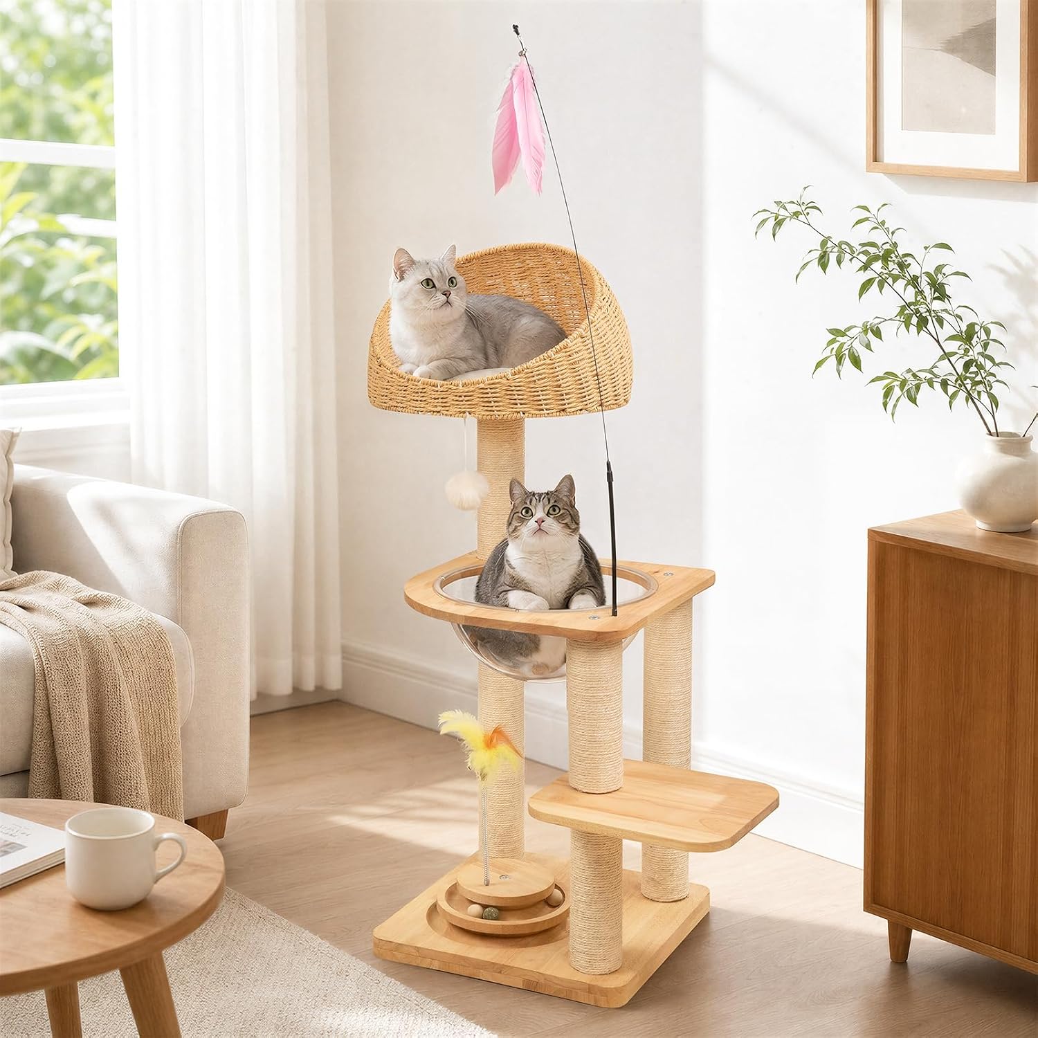 Solid Wood Cat Tree for Large Cats Modern Cat Tower with Feather Toy & Track Balls, Indoor Multi-Level Cat Tower with Space Capsule, Woven Rattan Bed, Scratching Posts, Aesthetic Cat Furniture