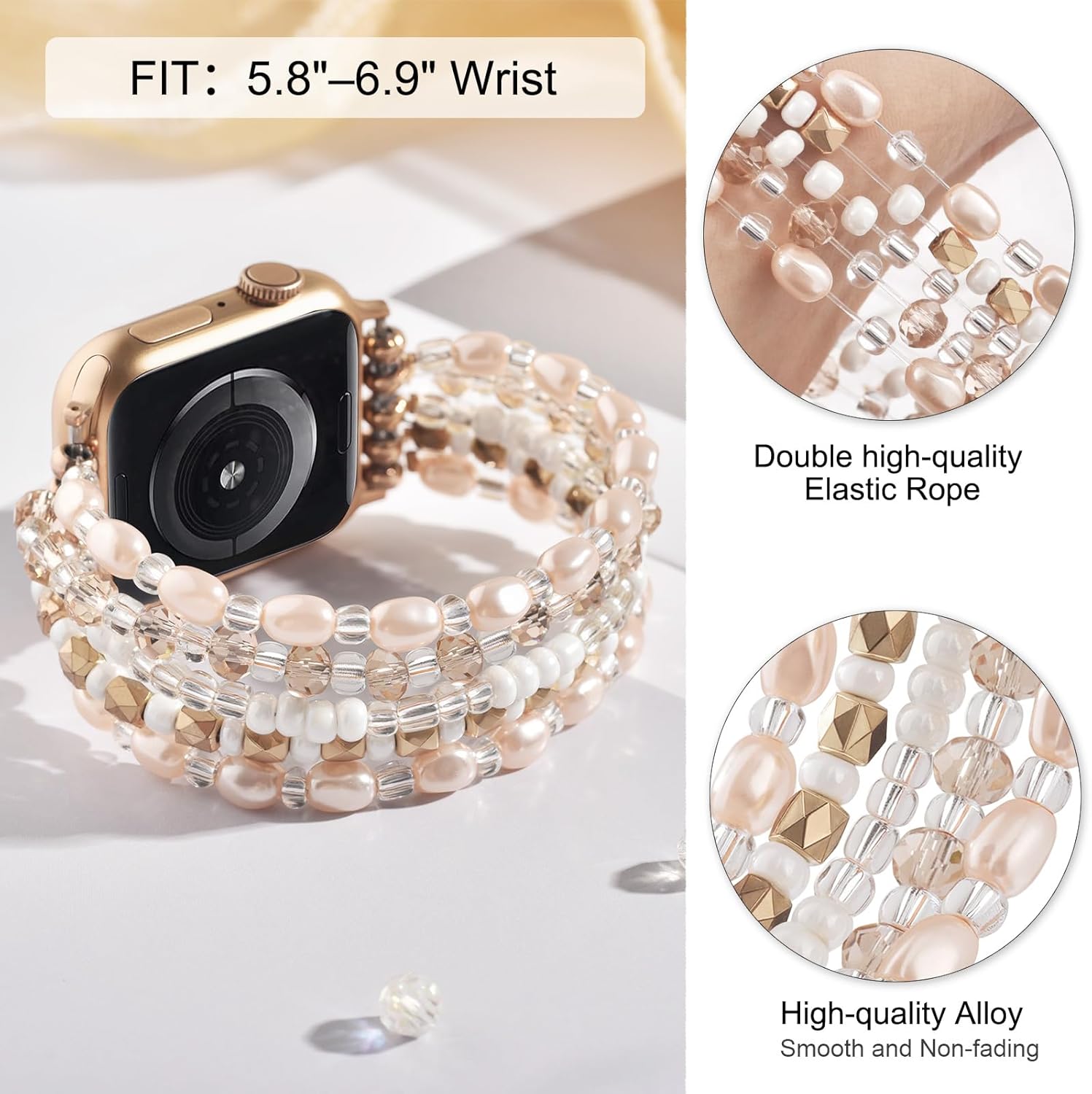VISOOM Beaded Boho Bracelet For Apple Watch 10/11 Se(3rd Gen) Bands Women 46mm 45mm 44mm 41mm, Pearl Wrap For Cute Stretchy Fancy Apple iWatch iPhone Series11 10 Se 9 8 7 6 5 4 3 2 1 Watch Straps Band - Image 3