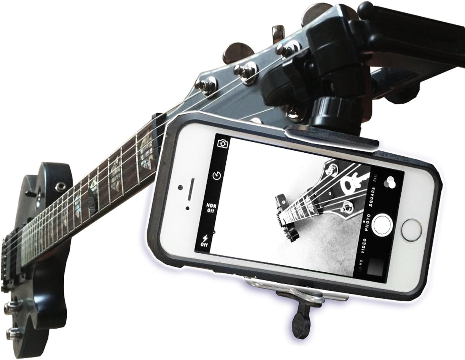 Guitar Headstock Clamp On Mount with Ball Head Joint ~ For SmartPhones & Most Cameras ~ Close Up Home Recording ~ Plus Guitar Pick Holder Keyring