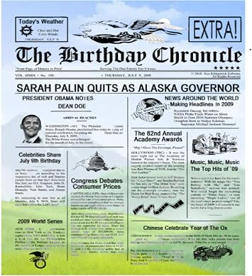 Customized Personal Historical Birthday Newspaper Chronical Art Print for the Day You Were Born from 1900 to 2015 Field