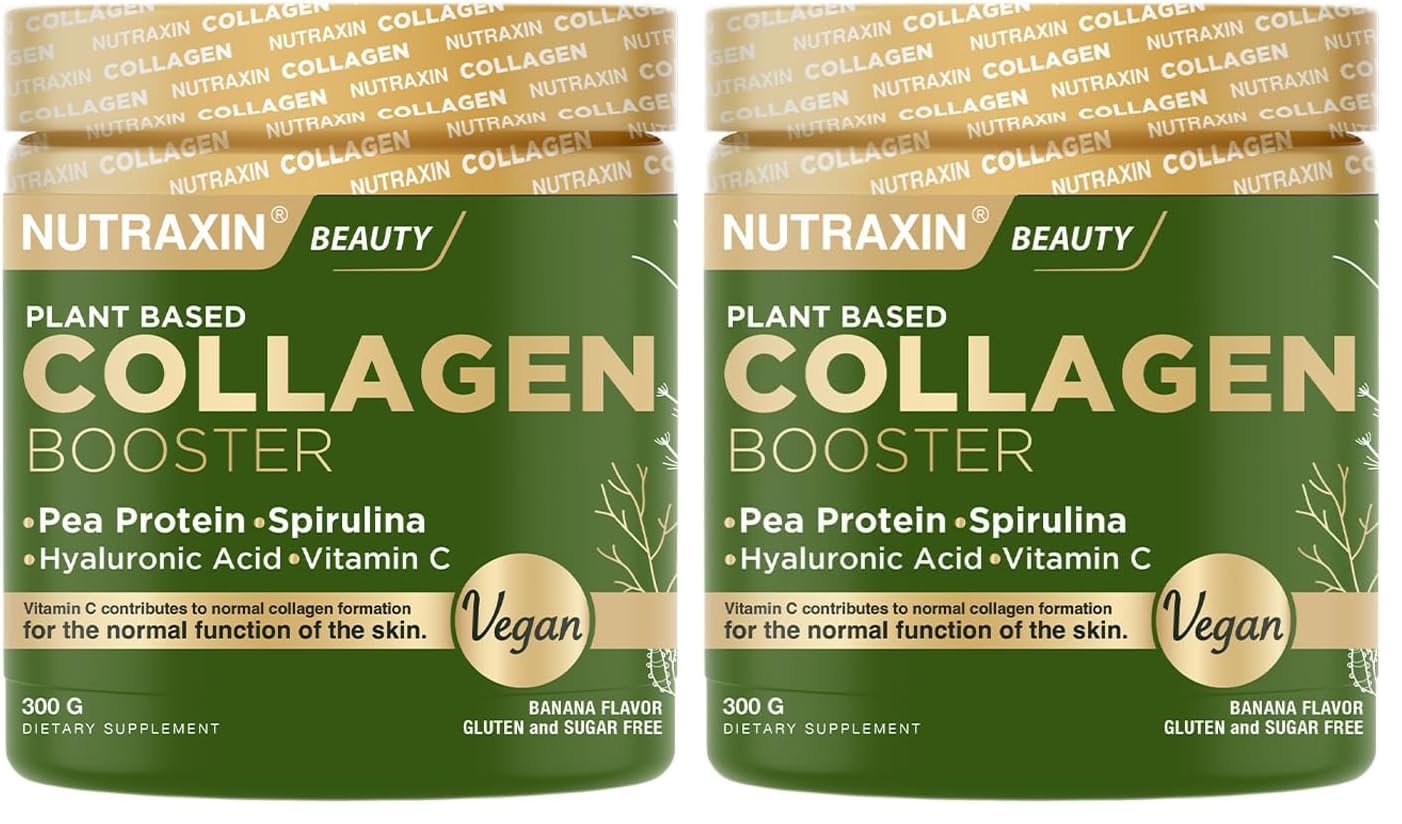Nutraxin Plant Based Collagen Booster | Vegan Kolajen Destekli Toz Takviye | C Vitamini, Hyaluronik Asit, Çinko, Spirulina | 300 g (2 paketi)