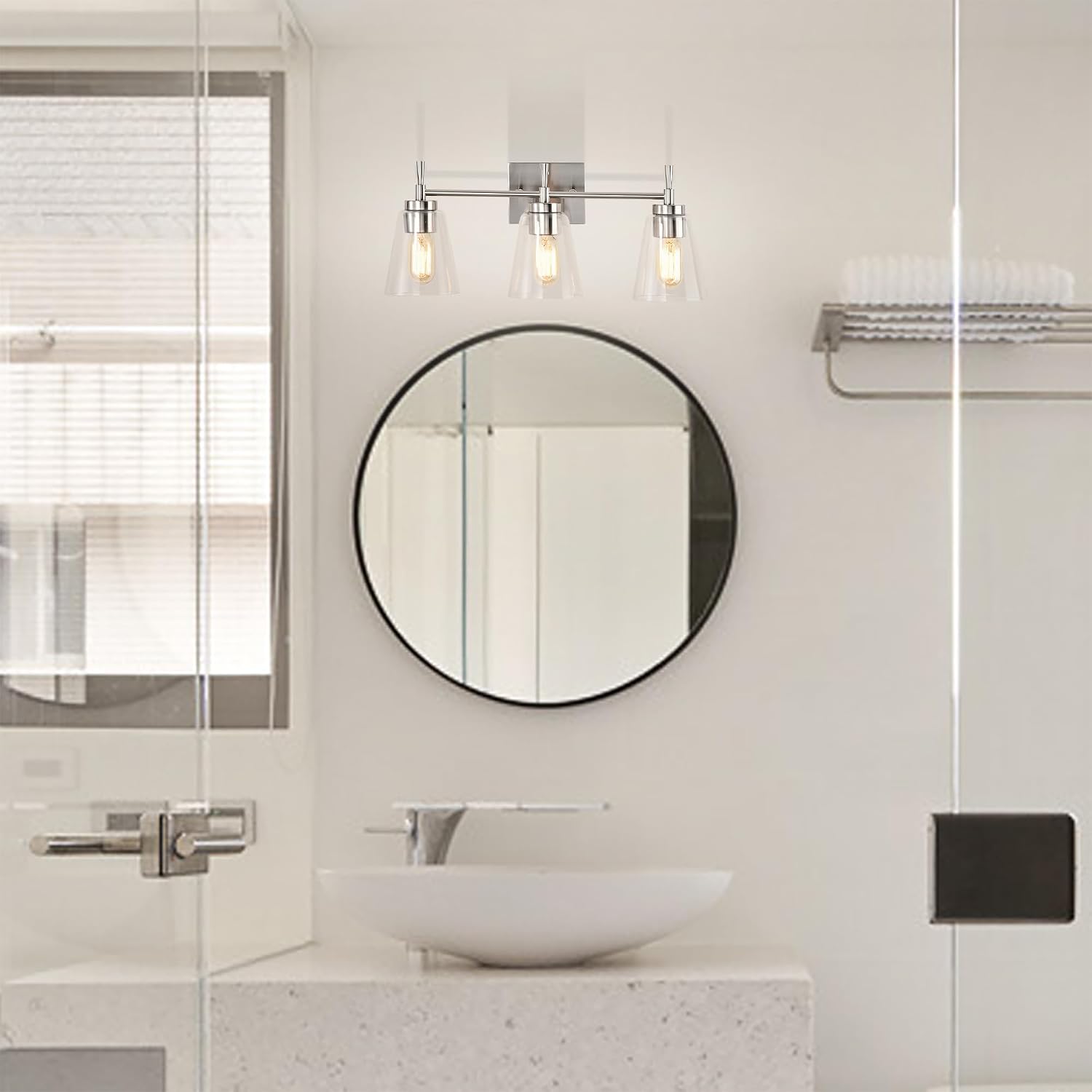 Edvivi 3-Light Bathroom Light Fixtures, Brushed Nickel Vanity Light Over Mirror, Indoor Wall Sconce with Clear Cone Glass Shade, Wall Lamp for Bathroom Bedroom Kitchen Hallway