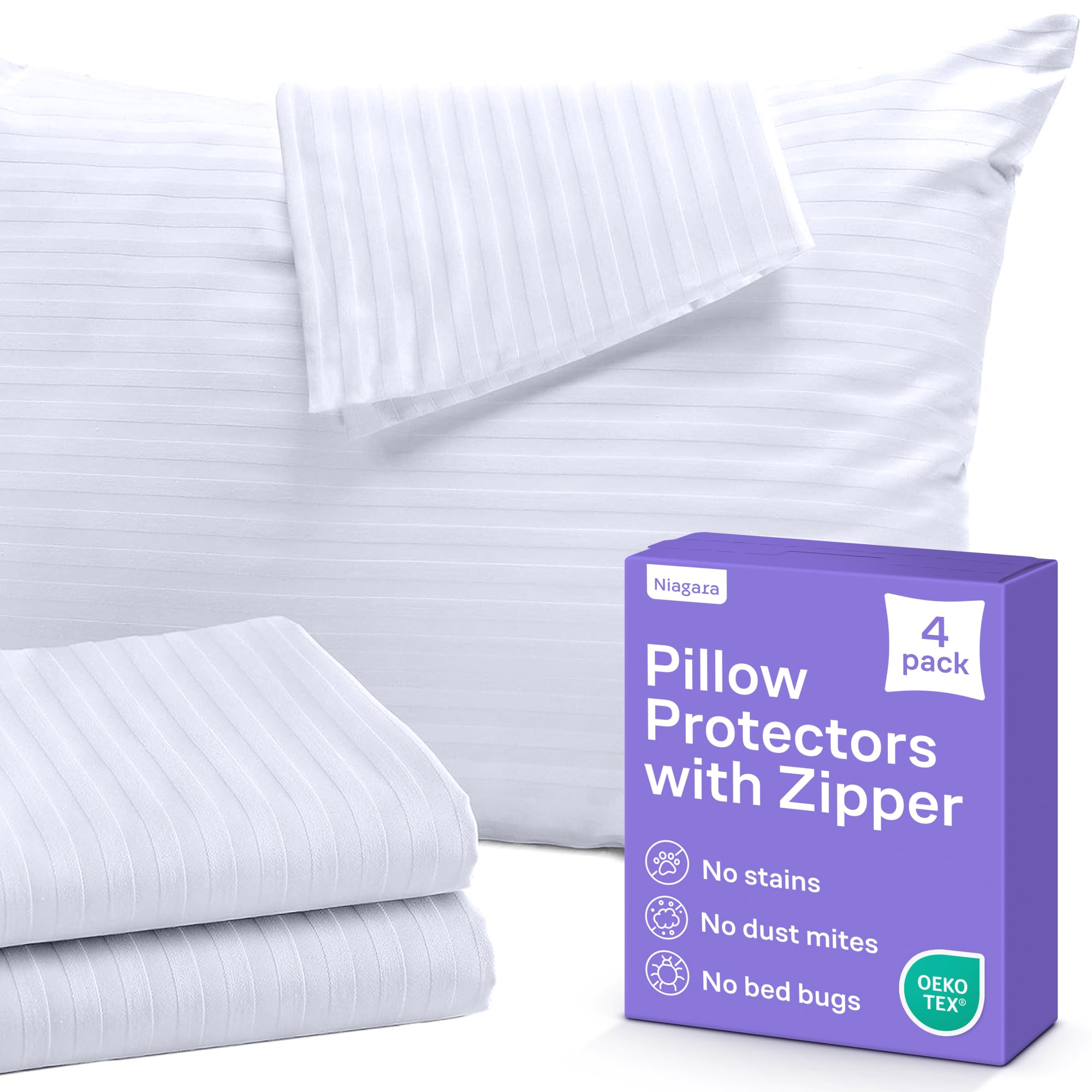 Set of 4 Pillow Protectors with Zipper Queen Size - 100% Resistant to Stains, Dust & Dirt - Washable Covers for Increased Pillow Lifespan