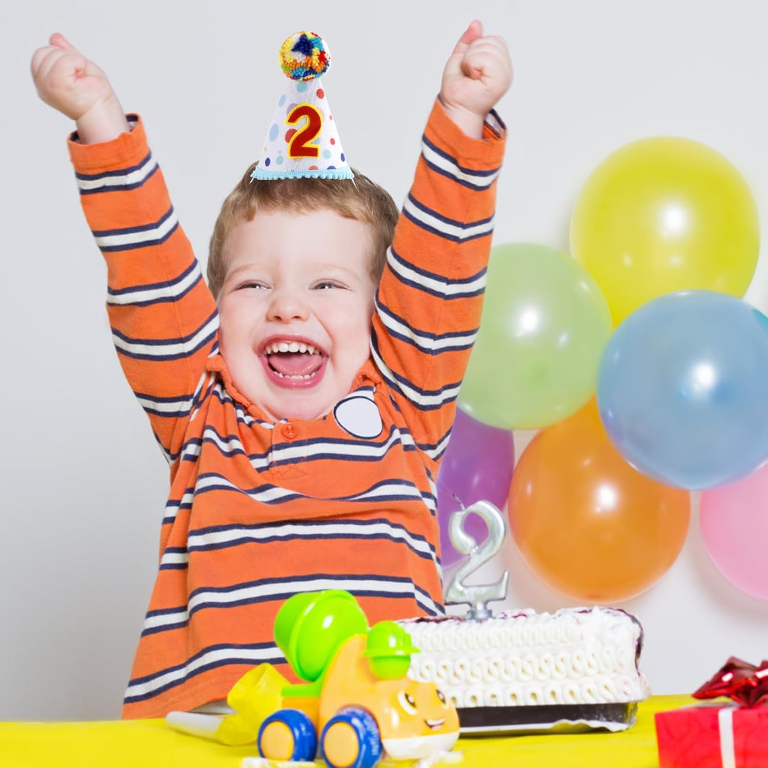 Chanaco 2nd Birthday Hat, Second Birthday Decoration, Birthday Hat with Colored Fur Balls Topper, Two Year Old Birthday Conical Cap for Party Favors - Image 3