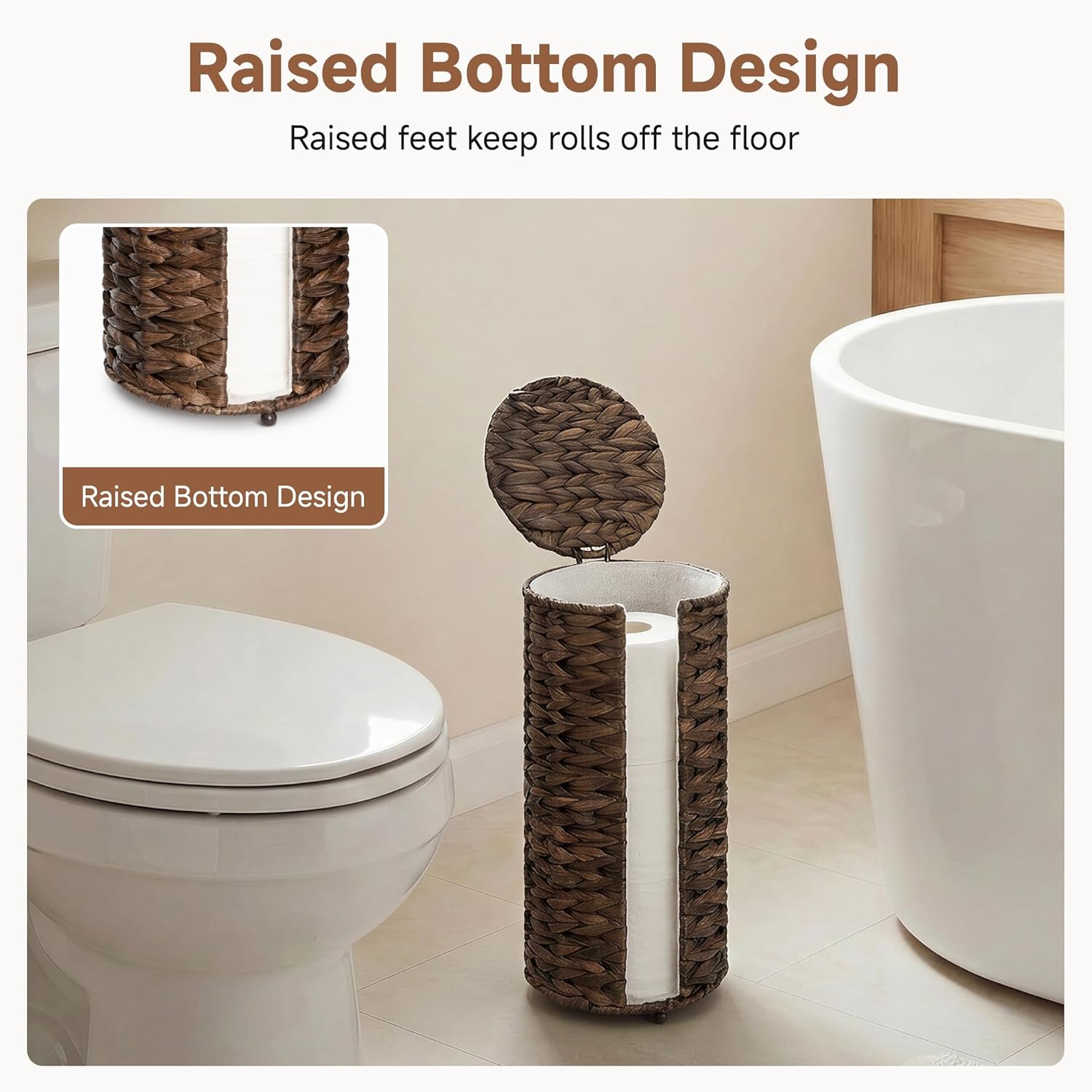 StorageWorks Free Standing Wicker Toilet Paper Holder Stand for Bathroom Storage, Decorative Water Hyacinth Toilet Paper Storage with Lid, 3 Rolls of Tissue Holder with a Built-in Cloth Lining, Brown