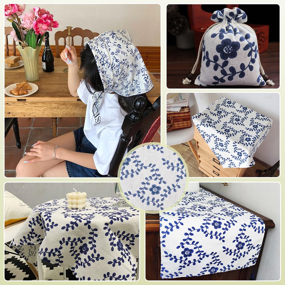 BENECREAT 3 m Leinenstoff Mit Blumenmuster 1.54m Breiter Dekostoff Für Polster Näh Und Quiltstoff Zum Nähen von Kleidung Und Basteln Blue & White